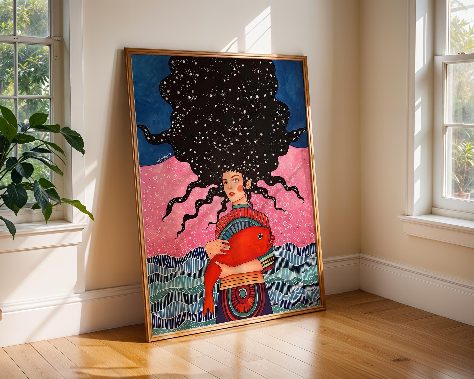 Surreal Woman with Fish Art Print | Cosmic Colorful Wall Decor wall art print, modern home decor, unframed artwork by Nomad & Nest