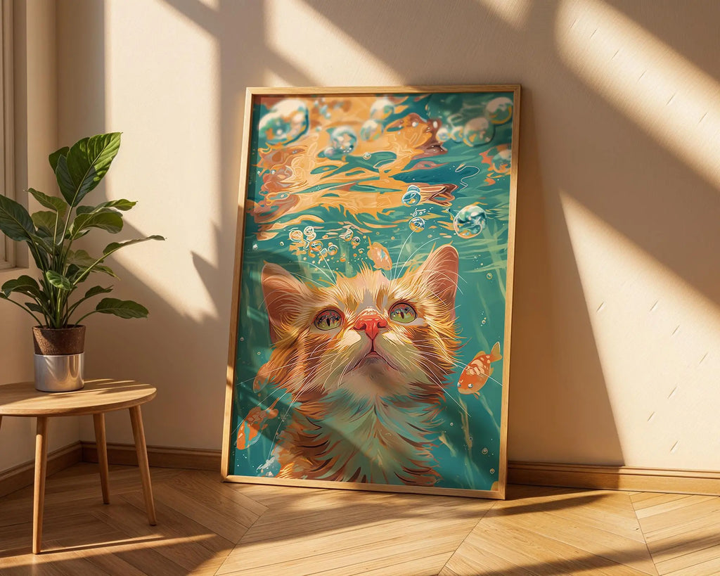 Kitten Underwater Wall Art | Playful Cat Illustration Print wall art print, modern home decor, unframed artwork by Nomad & Nest