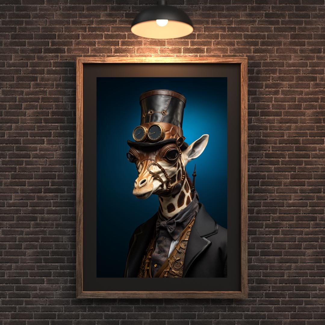 Steampunk Giraffe Portrait | Victorian Leather Hat & Brass Goggles, Animal Wall Art wall art print, modern home decor, unframed artwork by Nomad & Nest