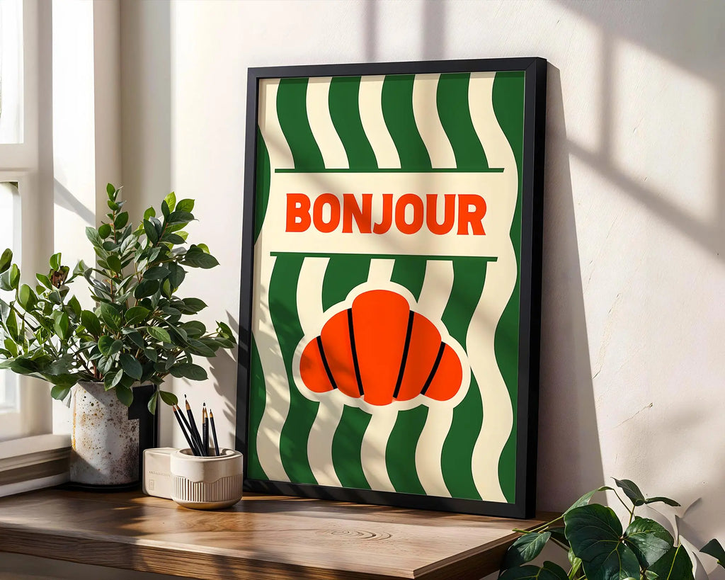 Positive Emotion | Bonjour Croissant | French Café Wall Art | Retro Kitchen Typography Print wall art print, modern home decor, unframed artwork by Nomad & Nest