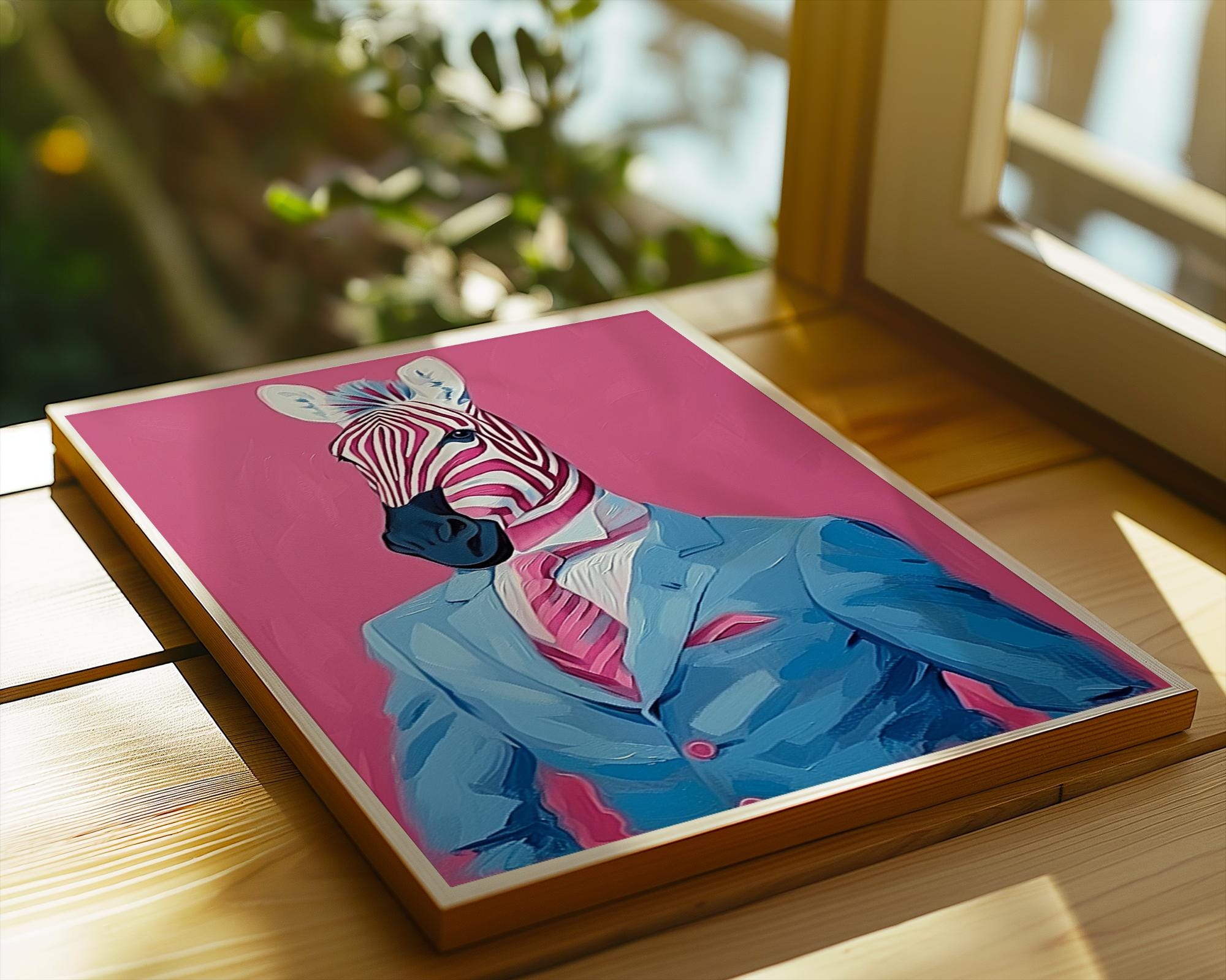 Colourful Prints | Zebra in Suit Art Print | Quirky Animal Portrait, Pink Jungle wall art print, modern home decor, unframed artwork by Nomad & Nest