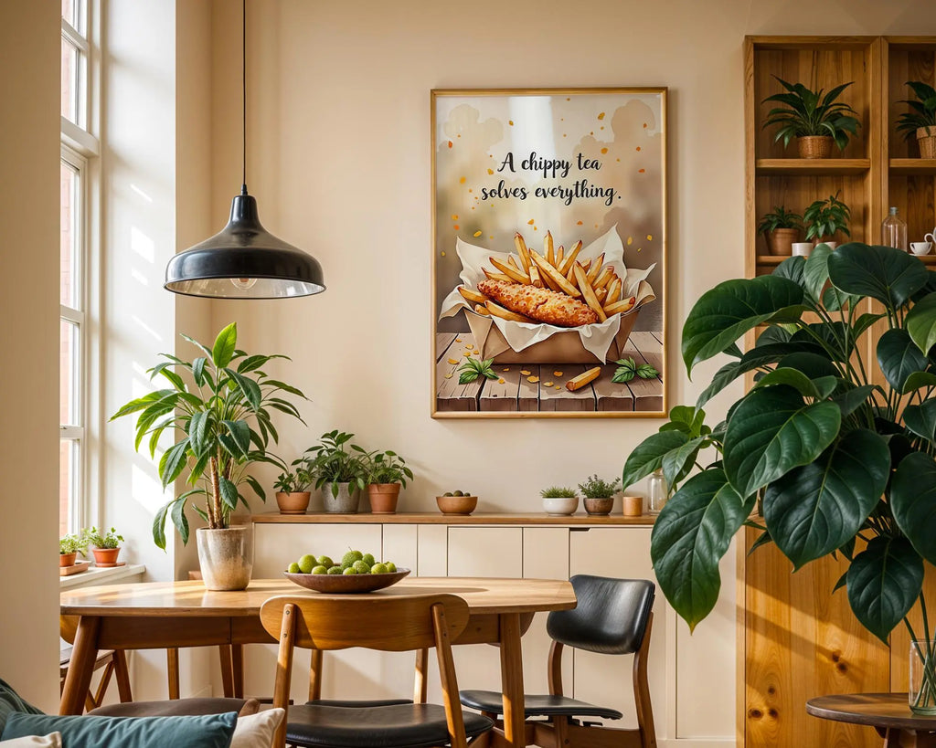 Positive Emotion | A Chippy Tea Solves Everything | Food Quote Art | British Comfort Wall Print wall art print, modern home decor, unframed artwork by Nomad & Nest