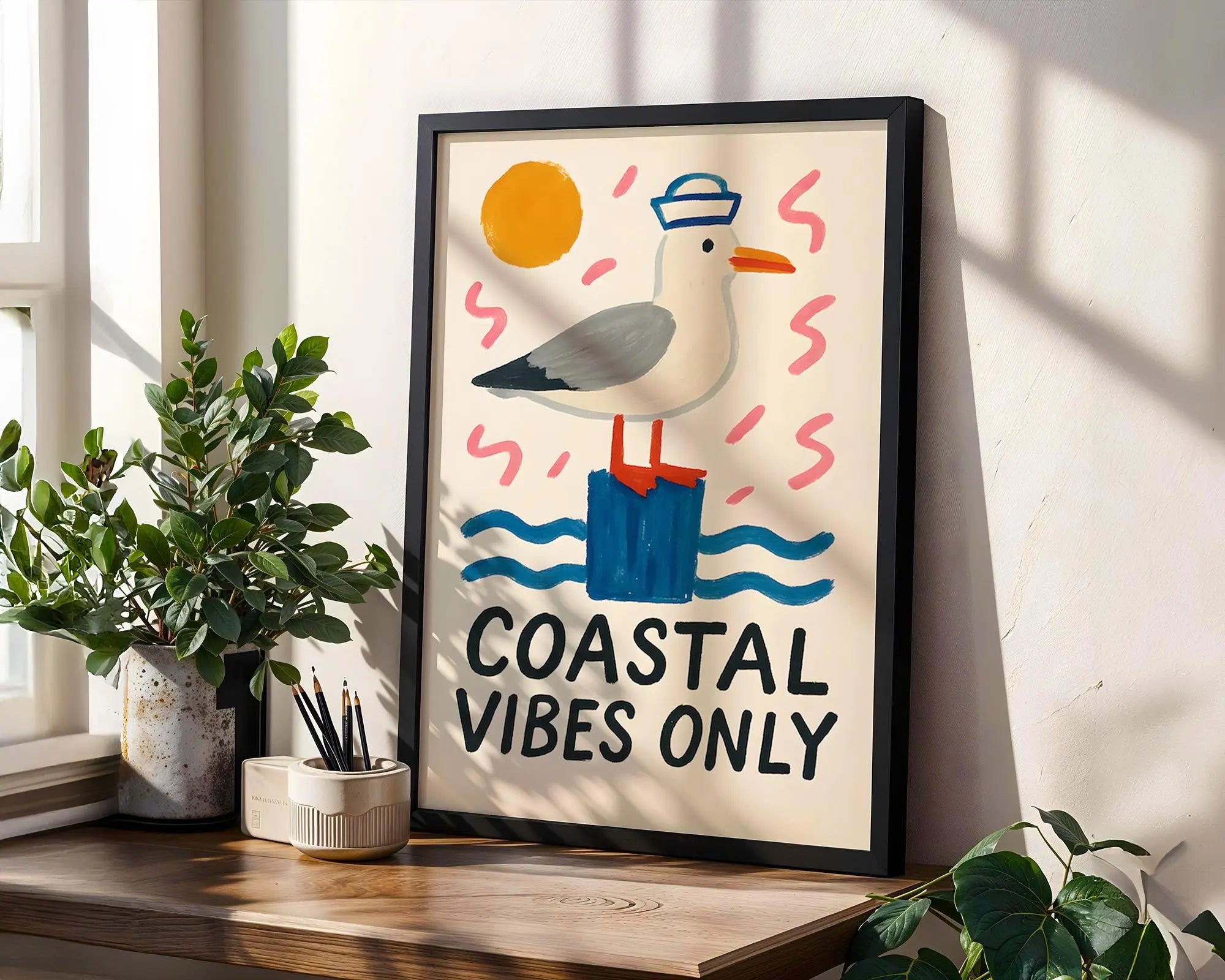 Positive Emotion | Coastal Vibes Only Wall Art | Playful Seagull Illustration | Beach House Deco wall art print, modern home decor, unframed artwork by Nomad & Nest