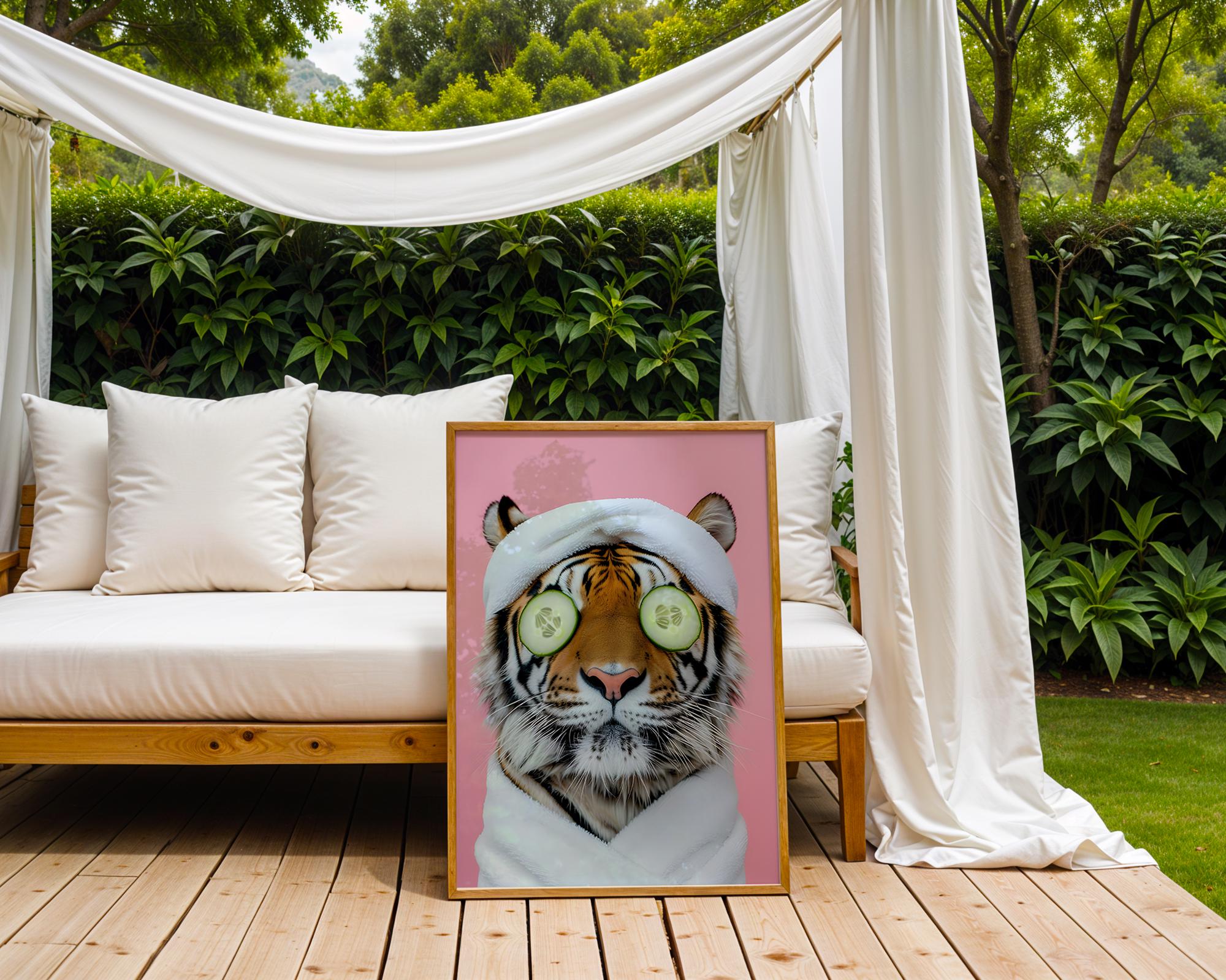 Colourful Prints | Tiger Spa Day Print | Funny Animal Wall Art wall art print, modern home decor, unframed artwork by Nomad & Nest