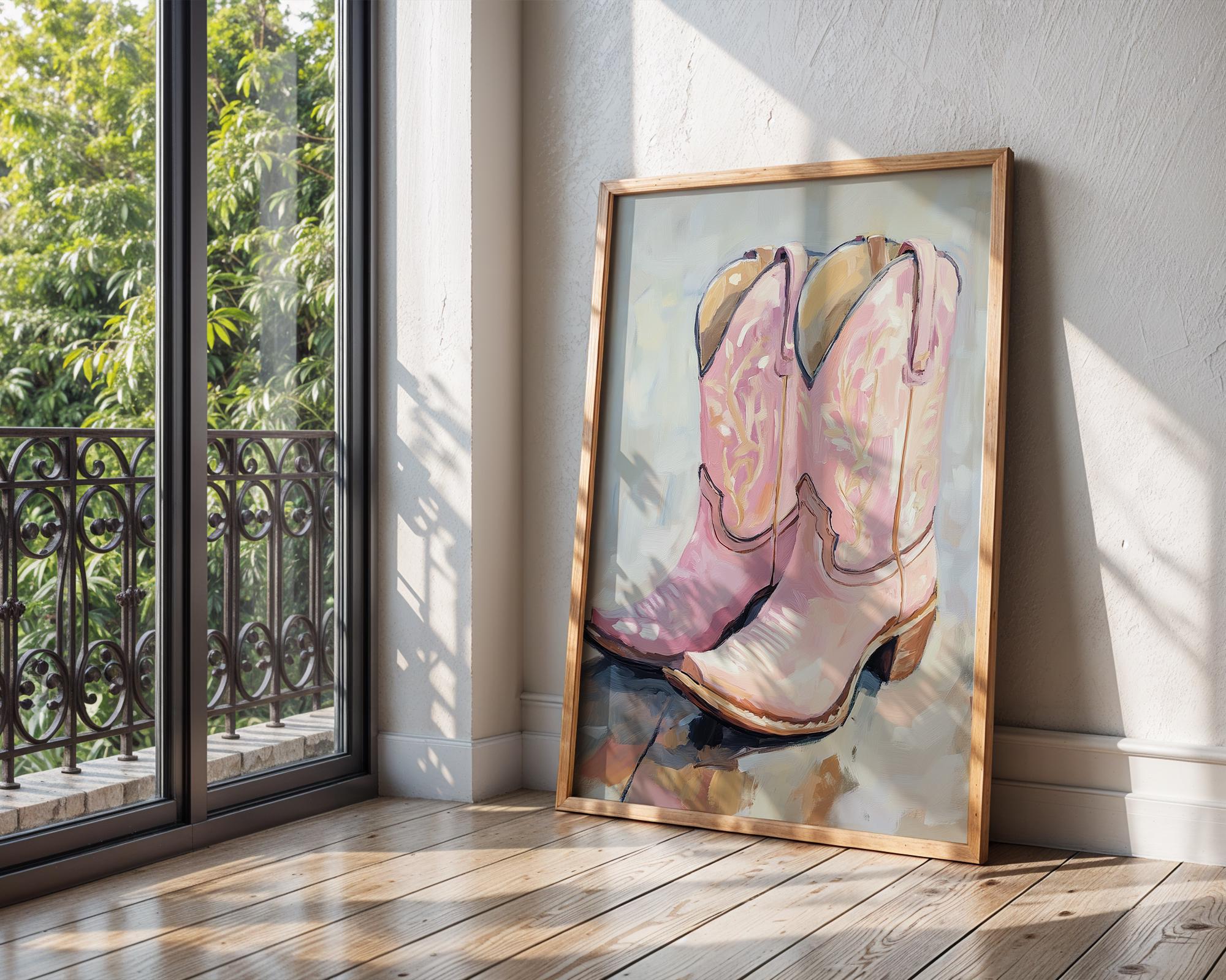 Pink Cowgirl Boots Oil Painting | Modern Western Art Poster wall art print, modern home decor, unframed artwork by Nomad & Nest
