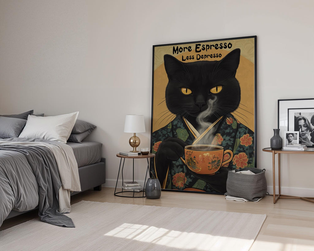 Japanese Poster | Black Cat Espresso Print –  Kimono Feline wall art print, modern home decor, unframed artwork by Nomad & Nest