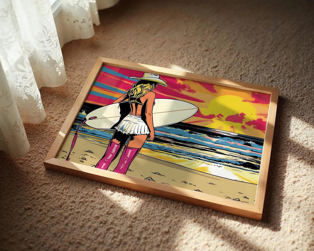 Modern Pop Art | Retro Cowgirl Surfer Beach Print |  Coastal  Decor wall art print, modern home decor, unframed artwork by Nomad & Nest