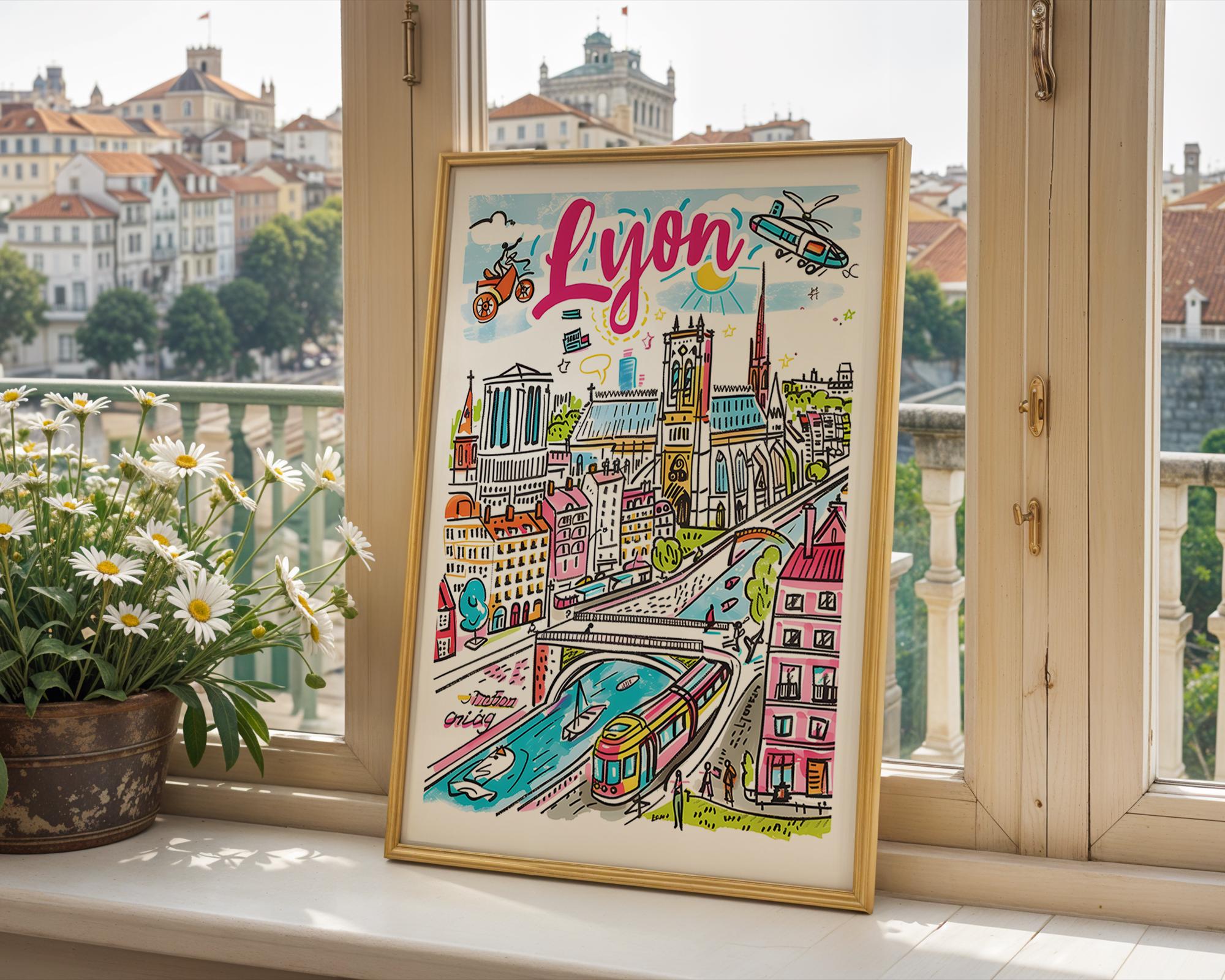 Lyon France City Poster | Colorful European Travel Print wall art print, modern home decor, unframed artwork by Nomad & Nest