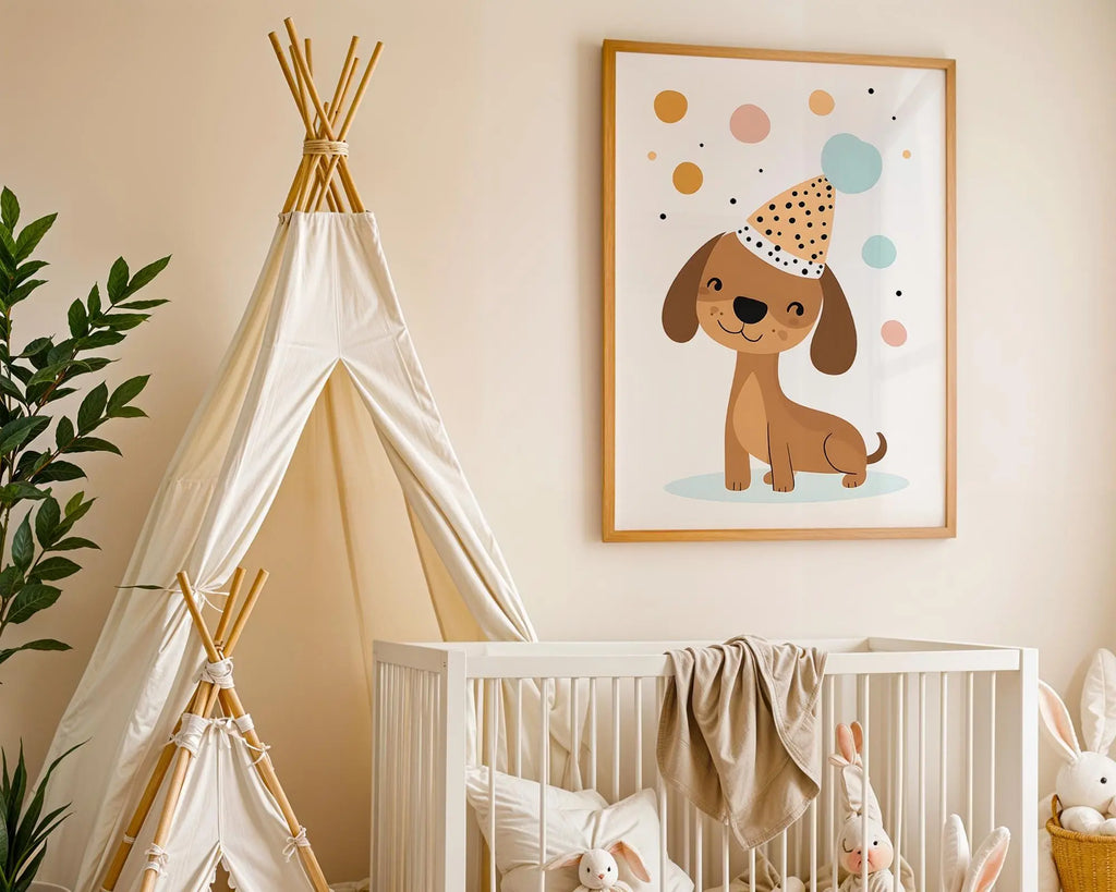 Playroom Ideas | Party Dog Nursery Wall Art | Fun Animal Celebration Print wall art print, modern home decor, unframed artwork by Nomad & Nest