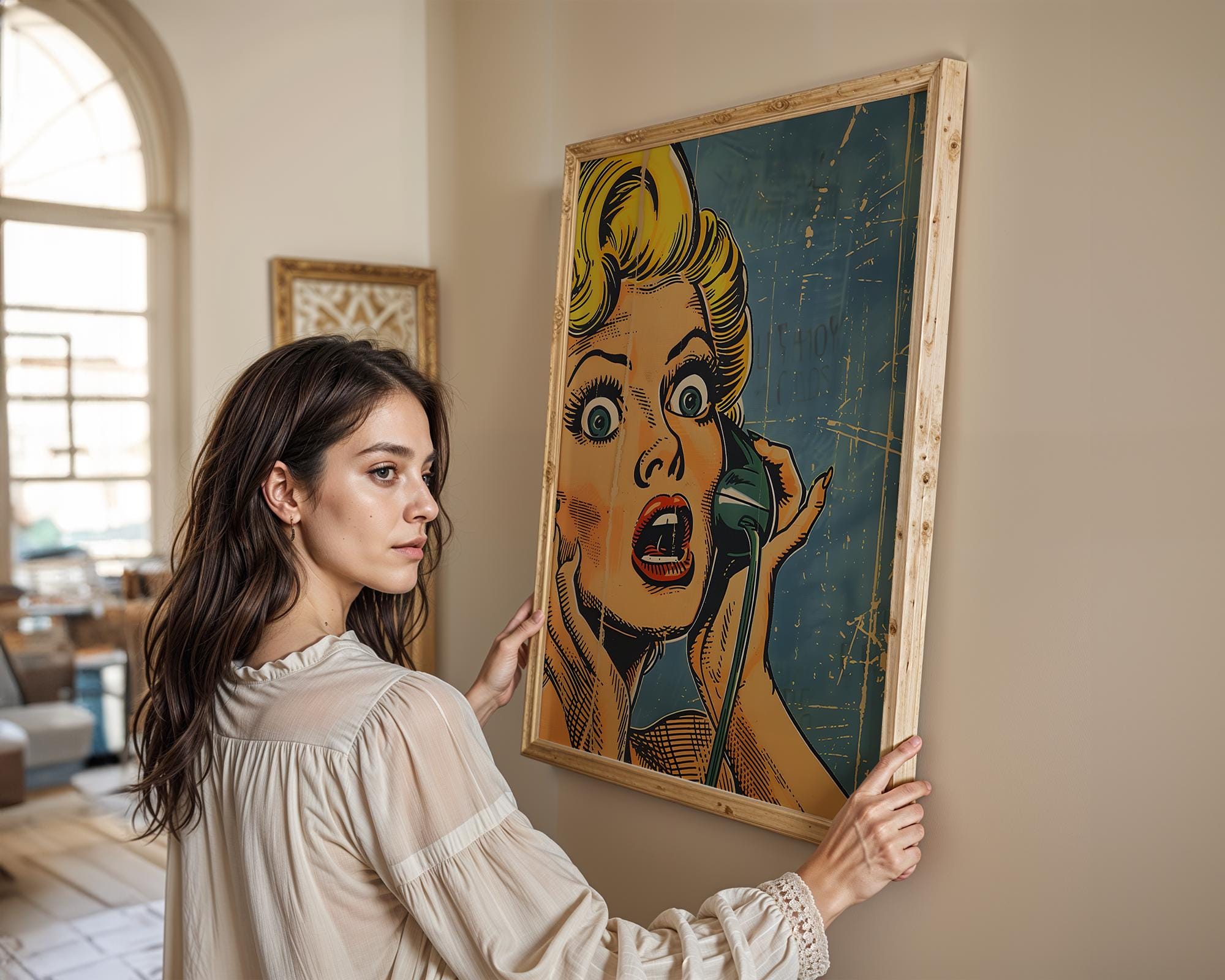 Modern Pop Art | Print | Shocked Woman on Phone, Retro Comic Style wall art print, modern home decor, unframed artwork by Nomad & Nest