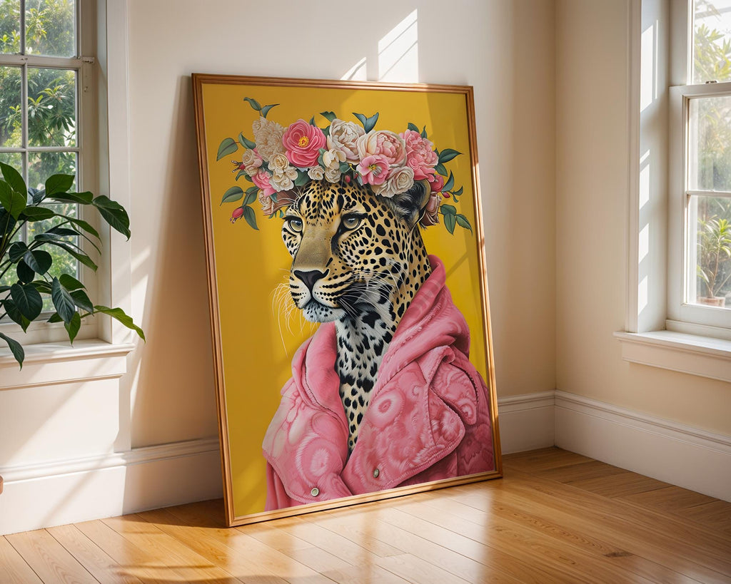 Colourful Prints | Floral Leopard Art Print | Pink Coat, Jungle Queen Portrait wall art print, modern home decor, unframed artwork by Nomad & Nest