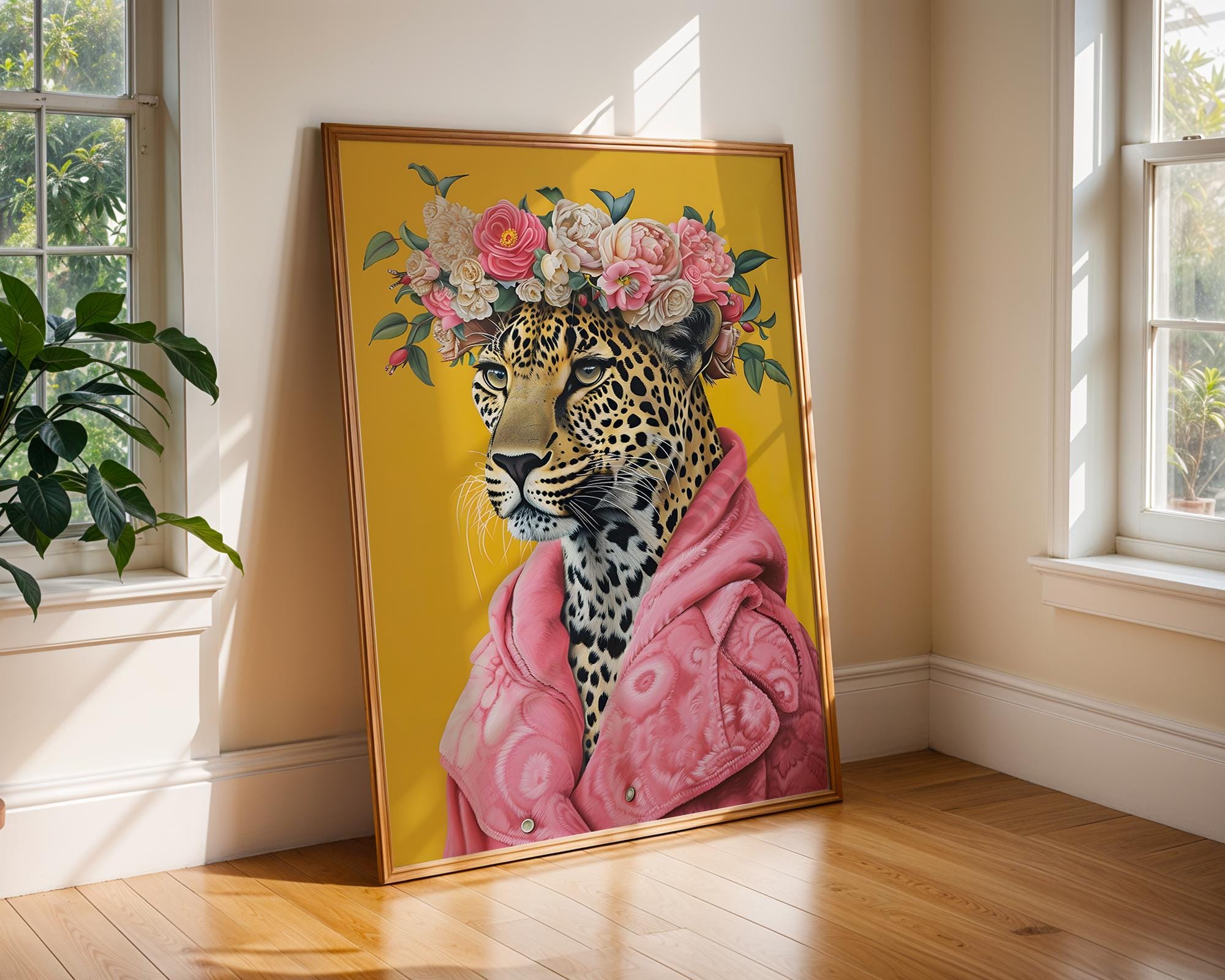 Colourful Prints | Floral Leopard Art Print | Pink Coat, Jungle Queen Portrait wall art print, modern home decor, unframed artwork by Nomad & Nest