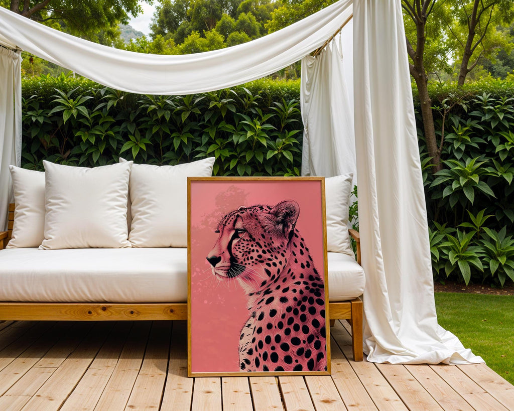 Colourful Prints | Pink Leopard Print | Graphic Jungle Cat on Coral wall art print, modern home decor, unframed artwork by Nomad & Nest