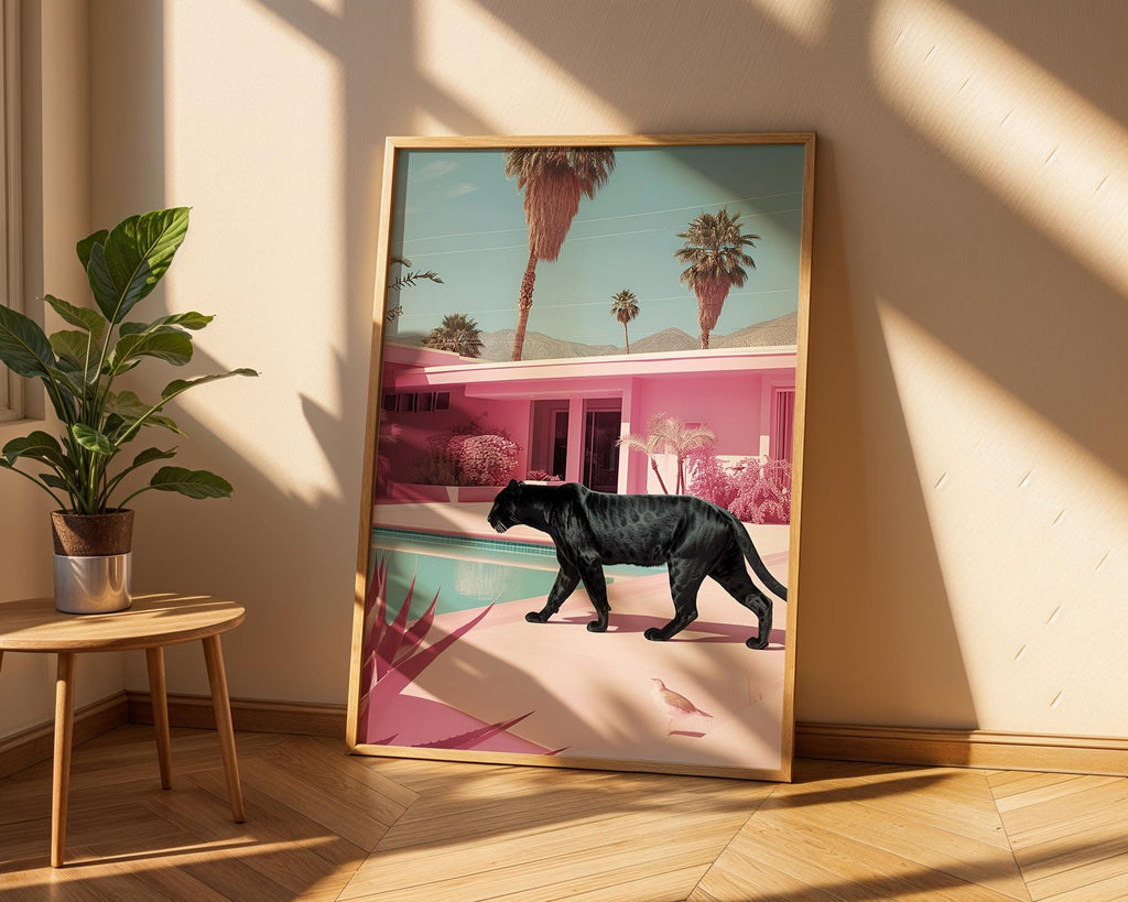 Colourful Prints | Panther Poolside Art Print | Retro Palm Springs, Tropical Pink wall art print, modern home decor, unframed artwork by Nomad & Nest
