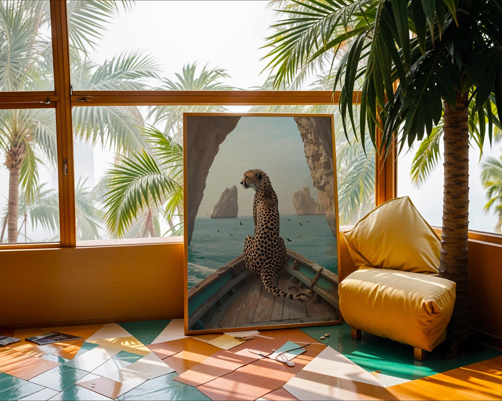 Colourful Prints | Cheetah on Boat Art Print | Coastal Safari Wall Decor wall art print, modern home decor, unframed artwork by Nomad & Nest