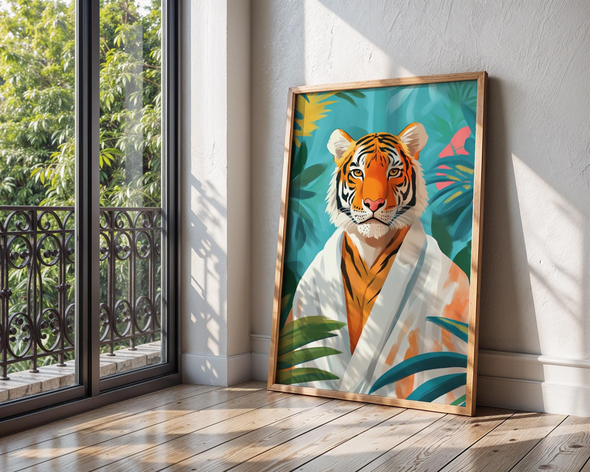 Tropical Tiger Print | Quirky Animal Robe Art wall art print, modern home decor, unframed artwork by Nomad & Nest