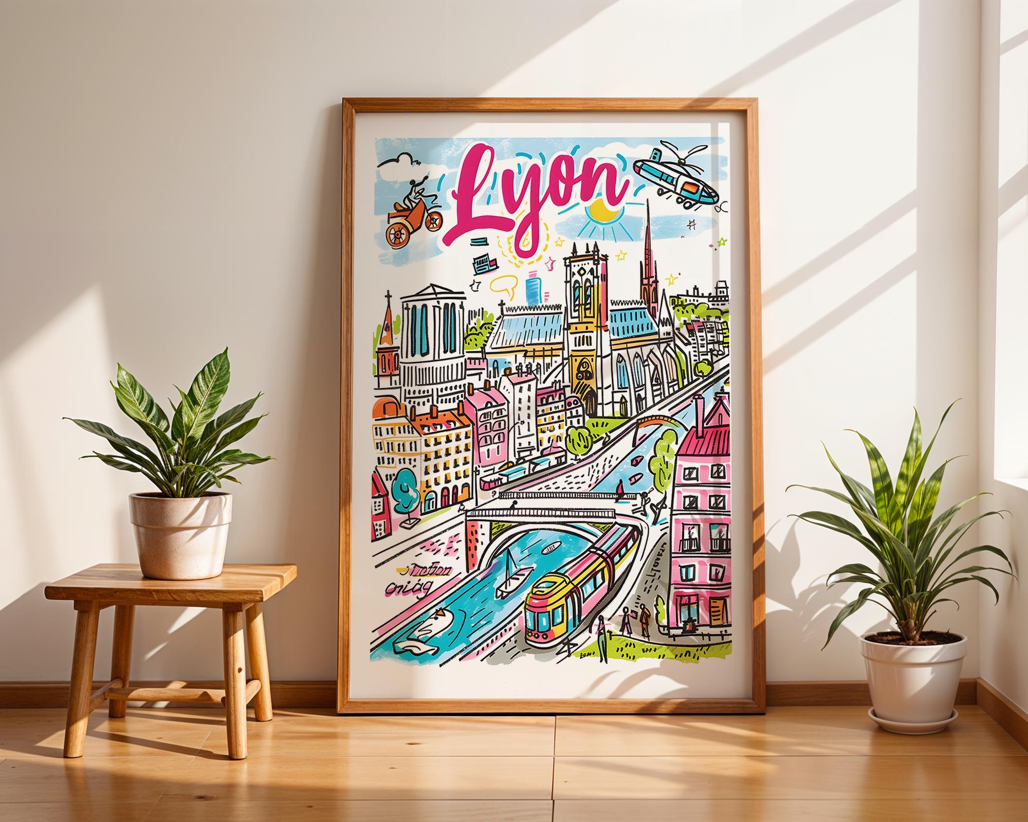 Lyon France City Poster | Colorful European Travel Print wall art print, modern home decor, unframed artwork by Nomad & Nest