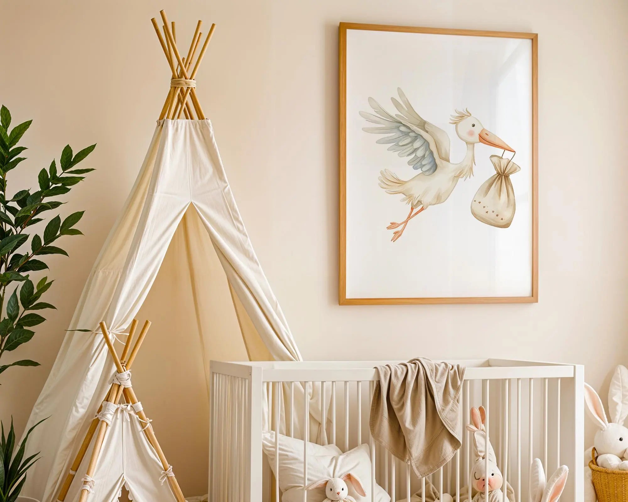Playroom Ideas | Stork Nursery Wall Art | Flying Bird New Baby Arrival Print wall art print, modern home decor, unframed artwork by Nomad & Nest