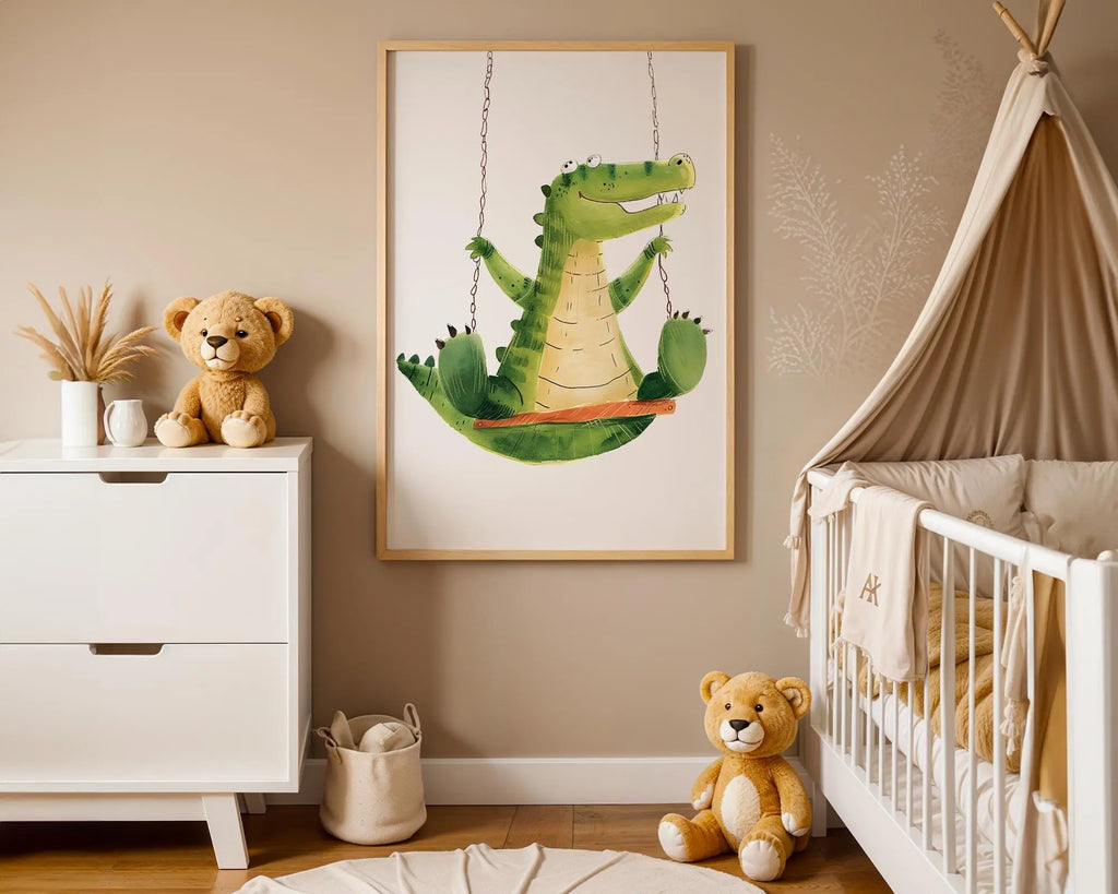 Playroom Ideas | Crocodile Swing Nursery Wall Art | Jungle Animal Baby Print wall art print, modern home decor, unframed artwork by Nomad & Nest