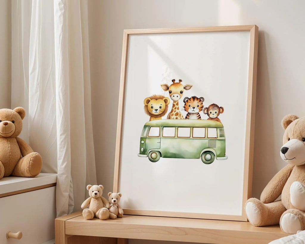 Playroom Ideas | Safari Animal Bus Nursery Wall Art Jungle Adventure Print wall art print, modern home decor, unframed artwork by Nomad & Nest