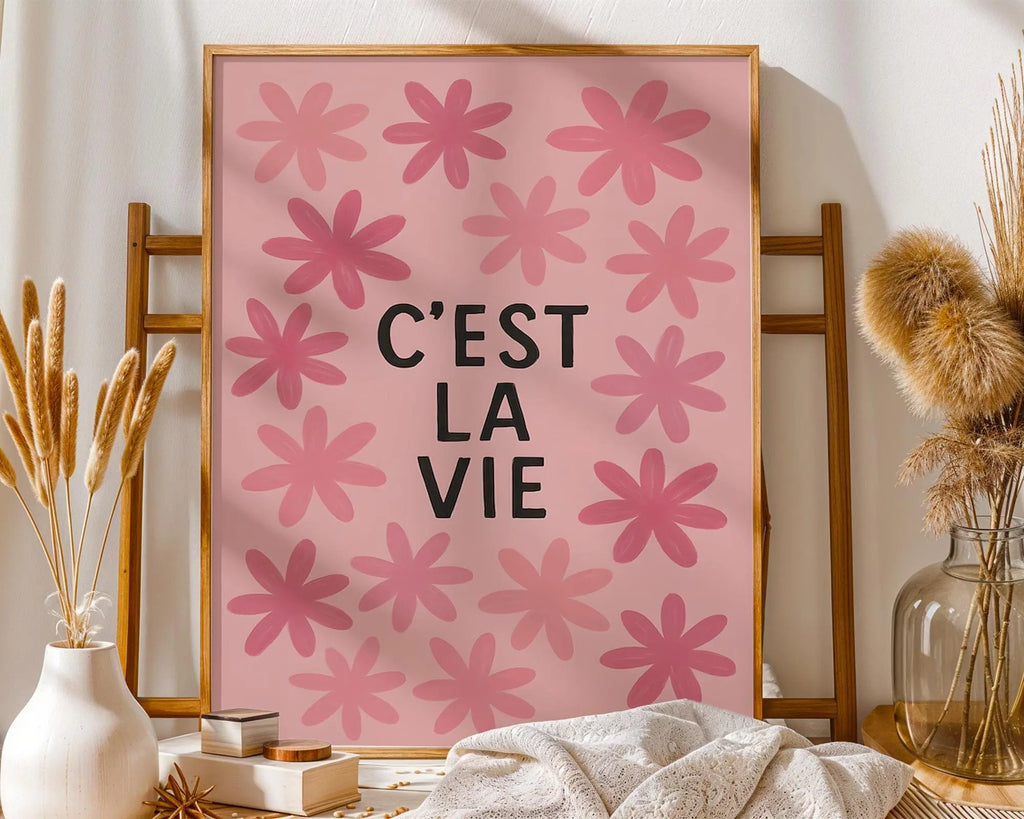 C’est La Vie Print | Pink Floral French Quote Poster wall art print, modern home decor, unframed artwork by Nomad & Nest