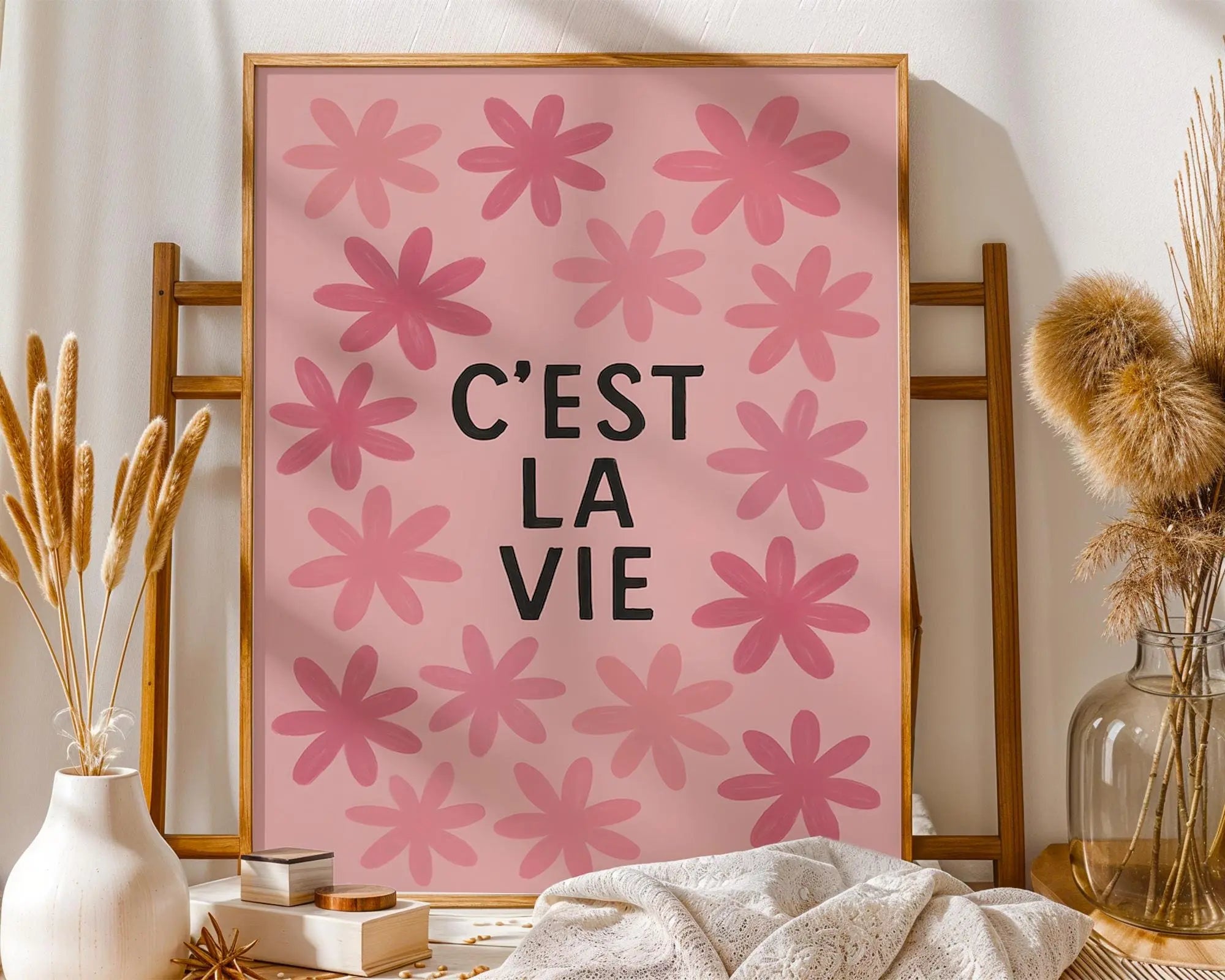 C’est La Vie Print | Pink Floral French Quote Poster wall art print, modern home decor, unframed artwork by Nomad & Nest