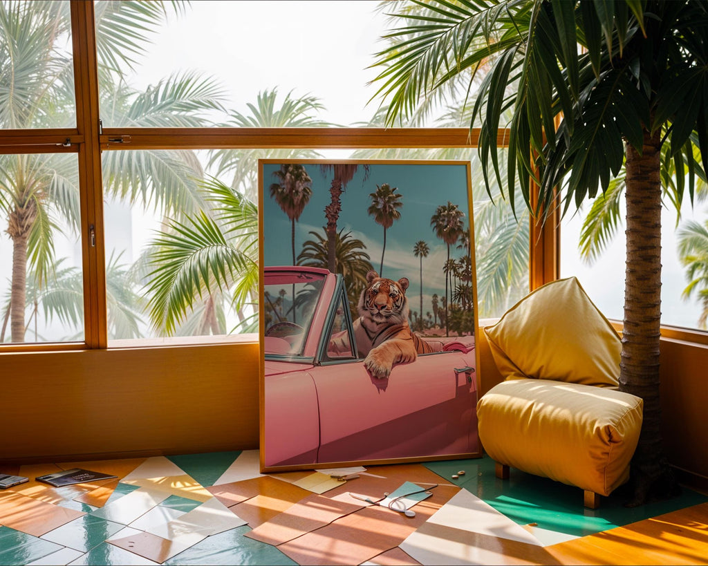 Colourful Prints | Tiger in Pink Convertible Art Print | Retro Jungle Poster wall art print, modern home decor, unframed artwork by Nomad & Nest