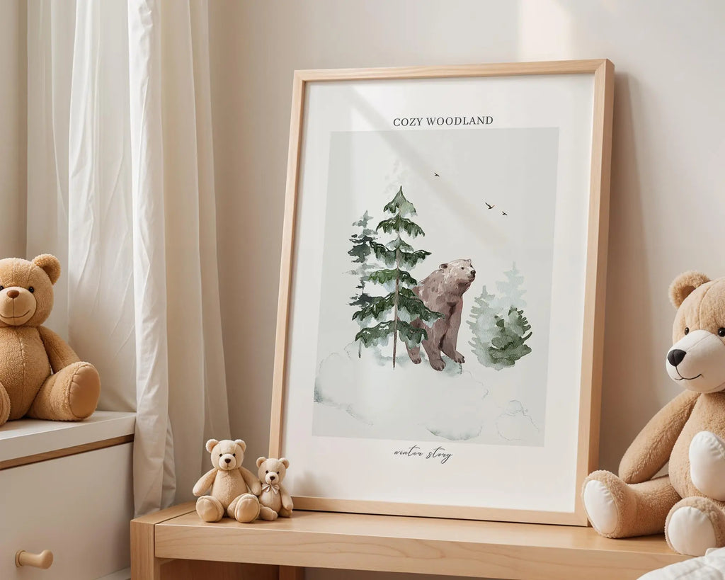 Playroom Ideas | Woodland Bear Nursery Wall Art | Winter Forest Animal Illustration wall art print, modern home decor, unframed artwork by Nomad & Nest