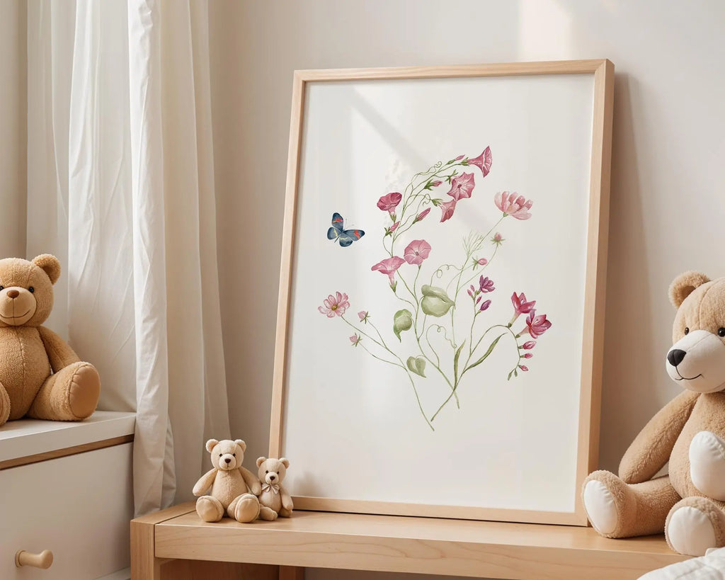 Playroom Ideas | Pink Floral Butterfly Nursery Art – Boho Nursery Print wall art print, modern home decor, unframed artwork by Nomad & Nest