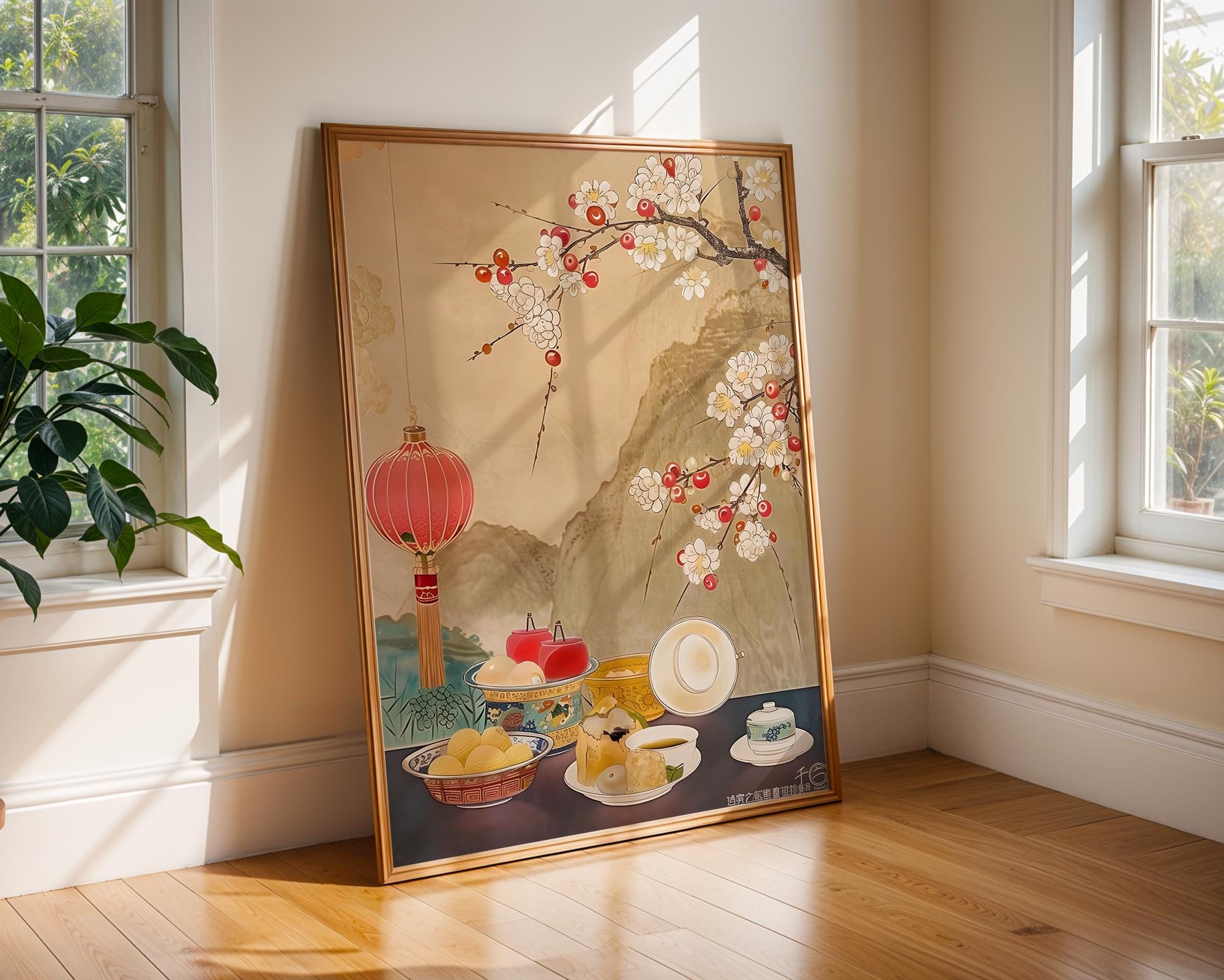 Oriental Tea Ceremony Print | Cherry Blossom, Lanterns Asian Wall Art wall art print, modern home decor, unframed artwork by Nomad & Nest