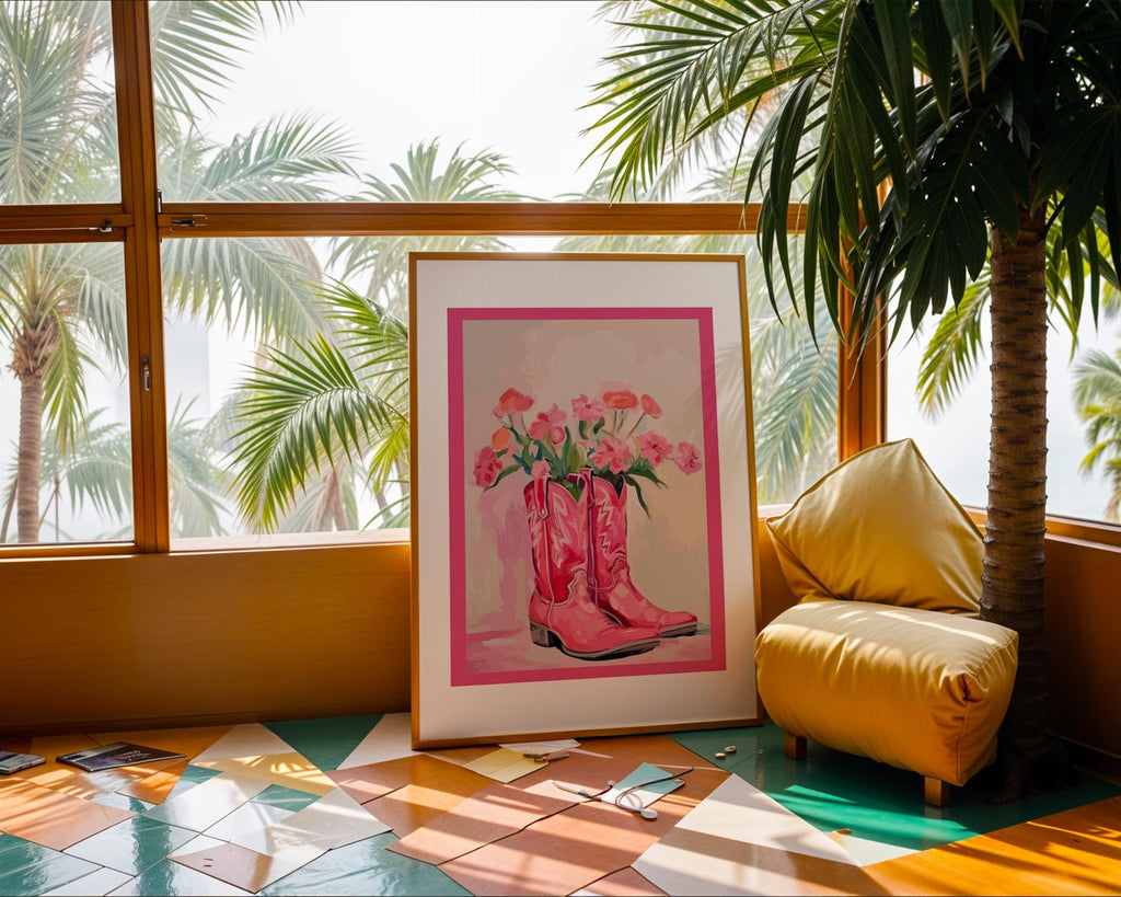 Pink Cowboy Boots Floral Print | Retro Western Wall Art wall art print, modern home decor, unframed artwork by Nomad & Nest