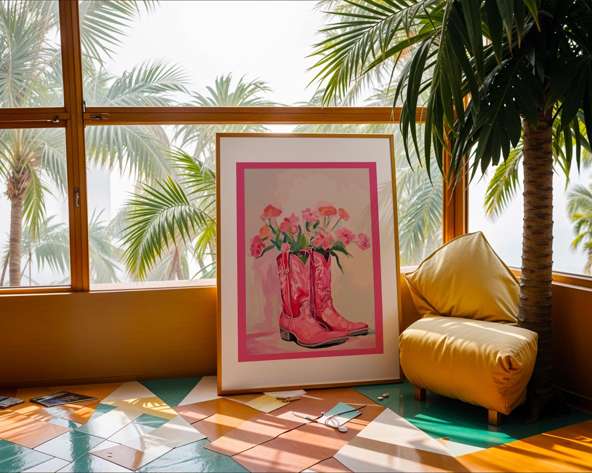 Pink Cowboy Boots Floral Print | Retro Western Wall Art wall art print, modern home decor, unframed artwork by Nomad & Nest