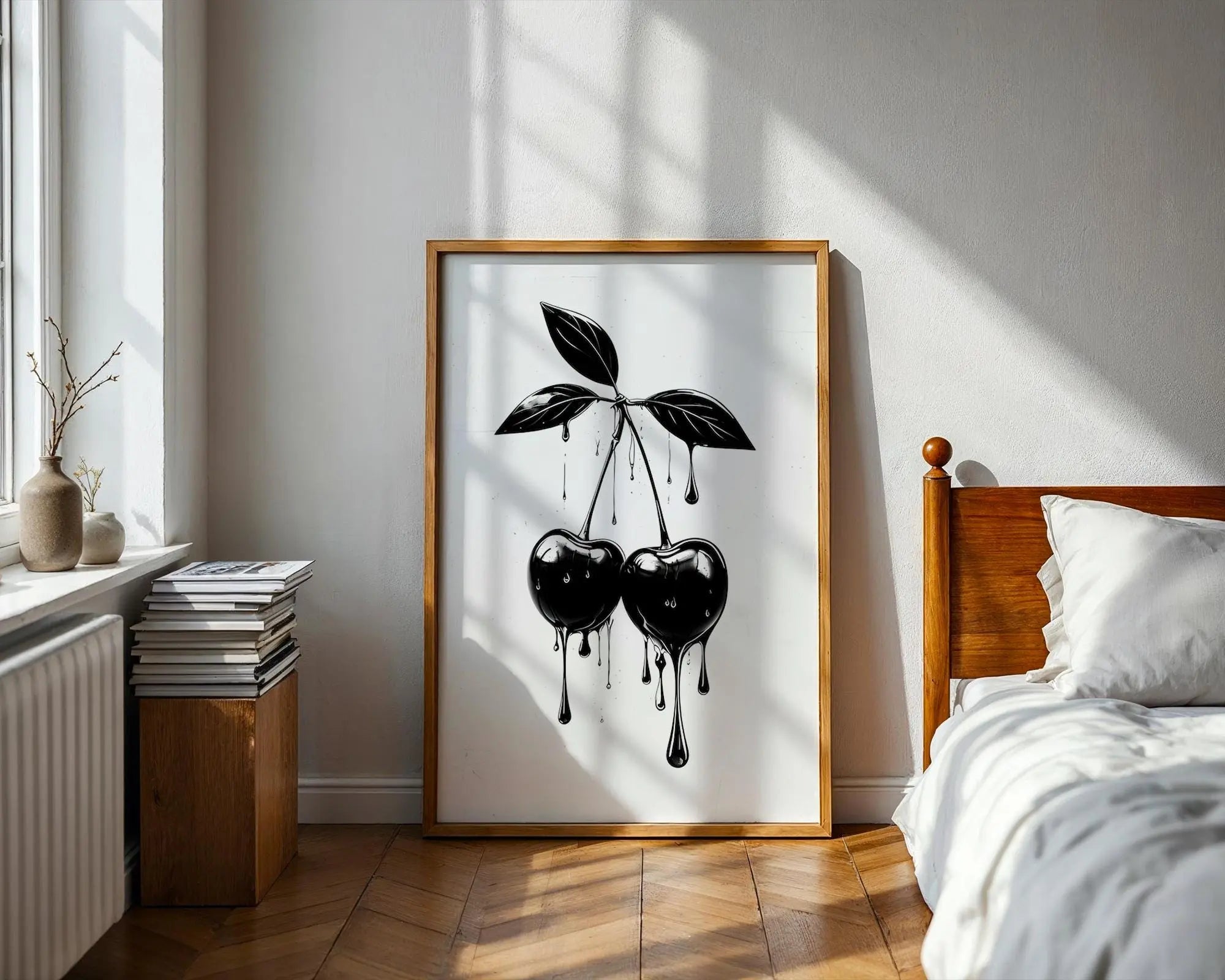 Positive Emotion | Black Dripping Cherries Print – Gothic Monochrome Wall Art wall art print, modern home decor, unframed artwork by Nomad & Nest