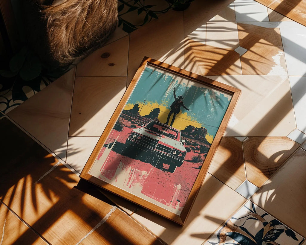 Modern Pop Art | Retro Cowboy Car  Print | Bold Americana Desert Scene wall art print, modern home decor, unframed artwork by Nomad & Nest