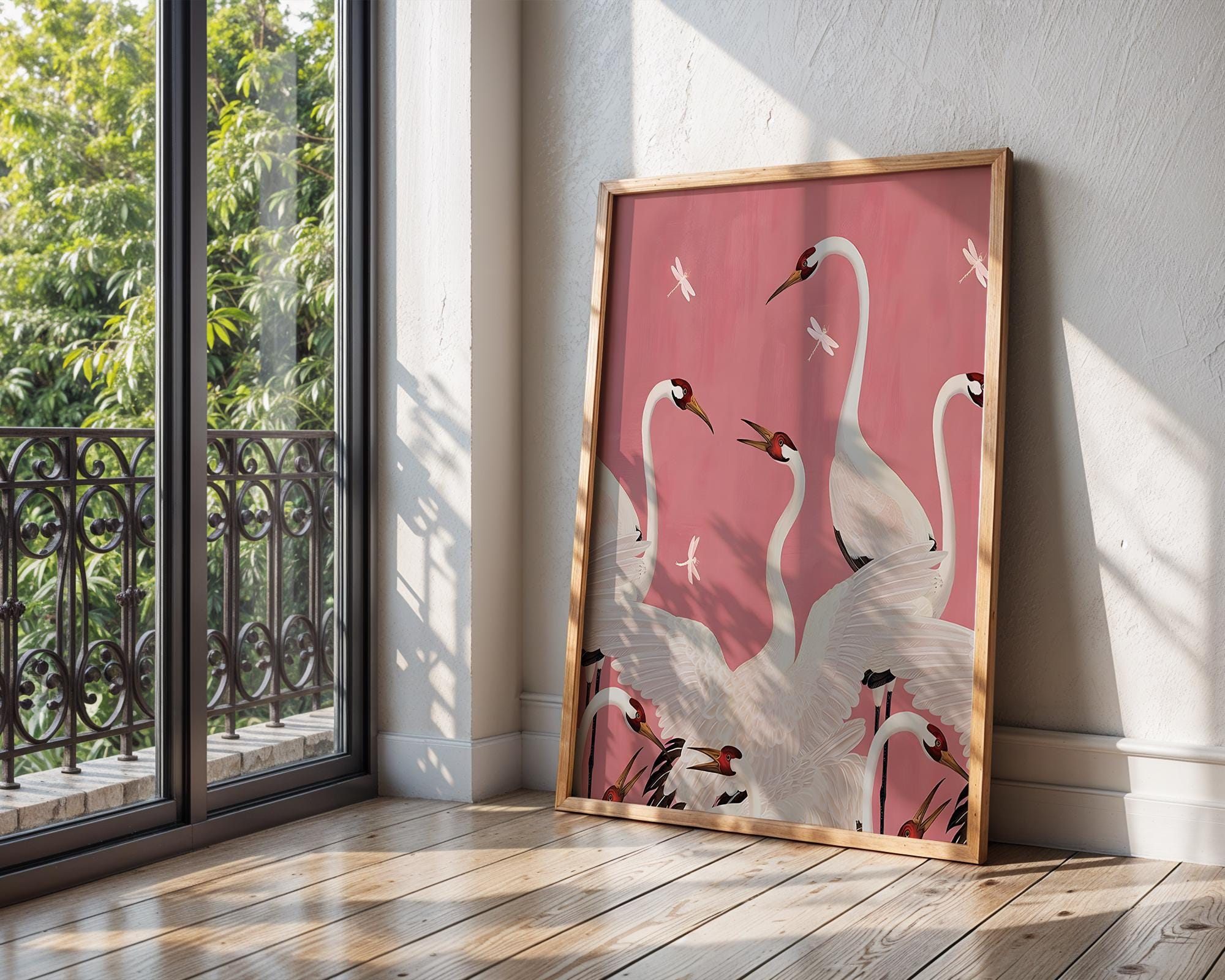 Crane and Dragonfly Art Print | Elegant Asian Decor wall art print, modern home decor, unframed artwork by Nomad & Nest