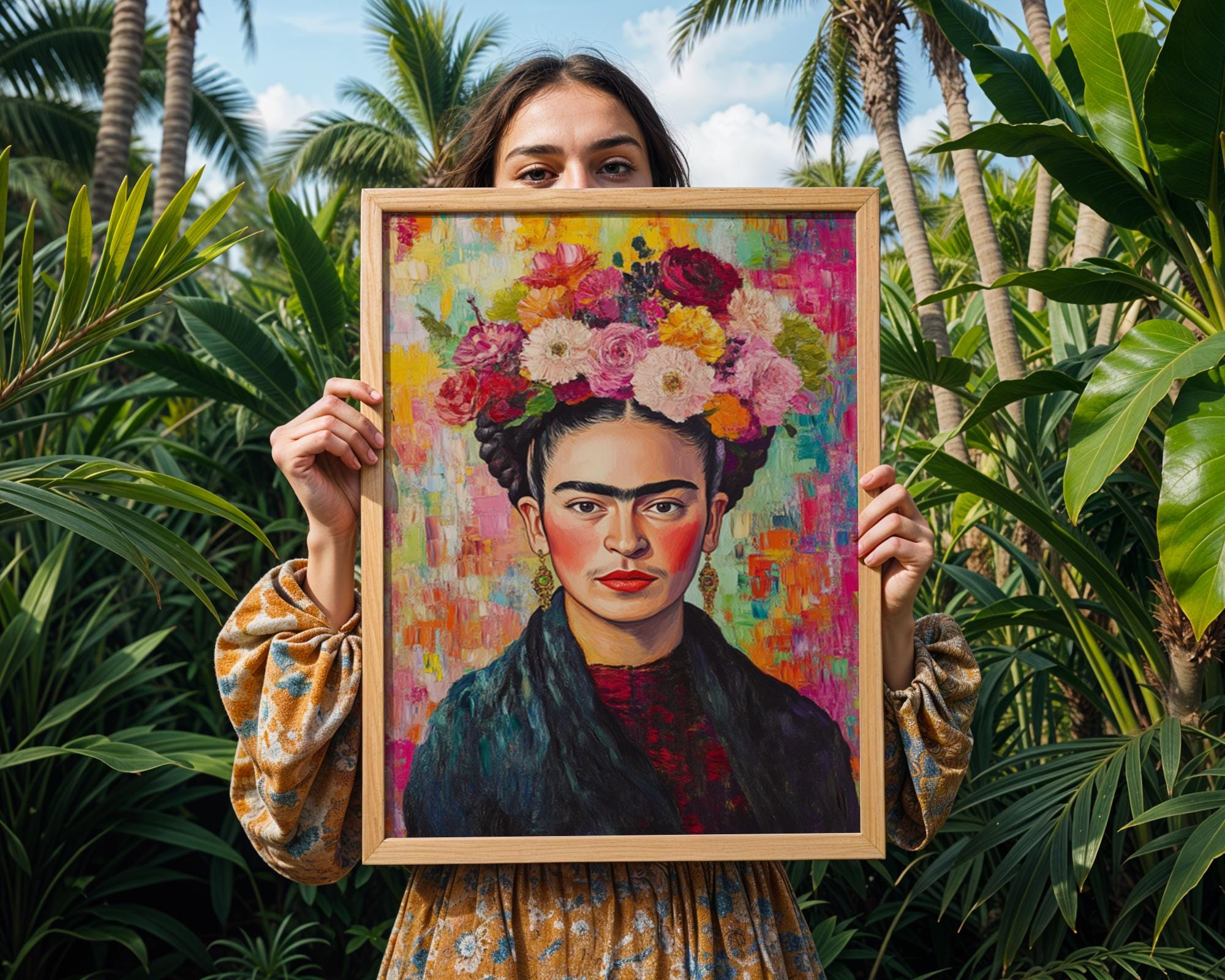 Frida Kahlo Portrait Print | Colourful Floral Crown, Impasto Texture wall art print, modern home decor, unframed artwork by Nomad & Nest