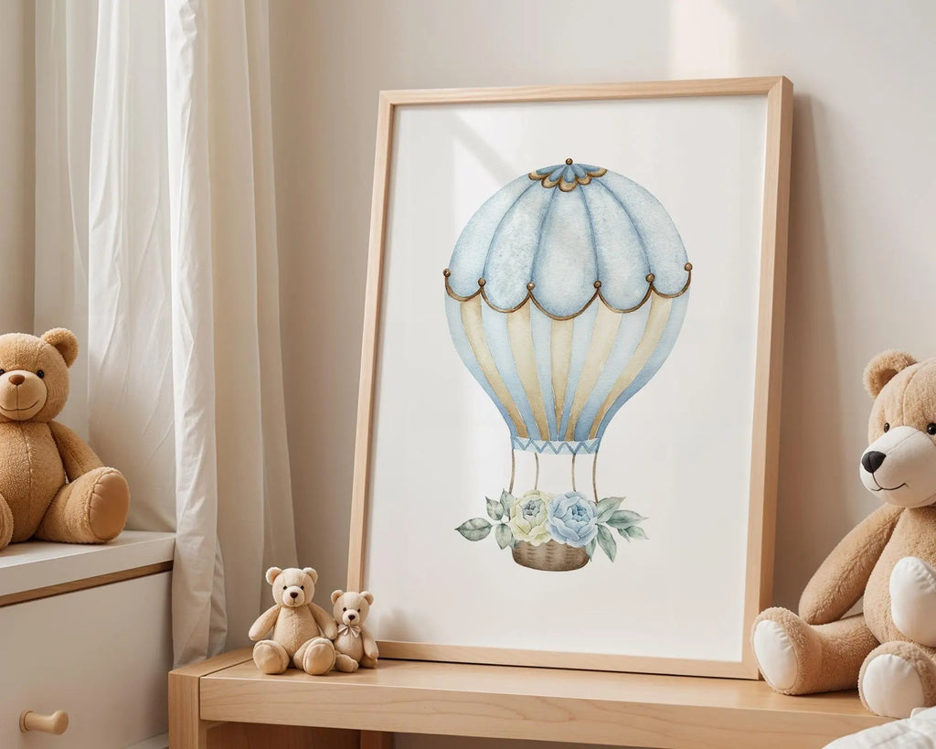 Playroom Ideas | Blue Hot Air Balloon Nursery Print | Vintage Floral Wall Art wall art print, modern home decor, unframed artwork by Nomad & Nest