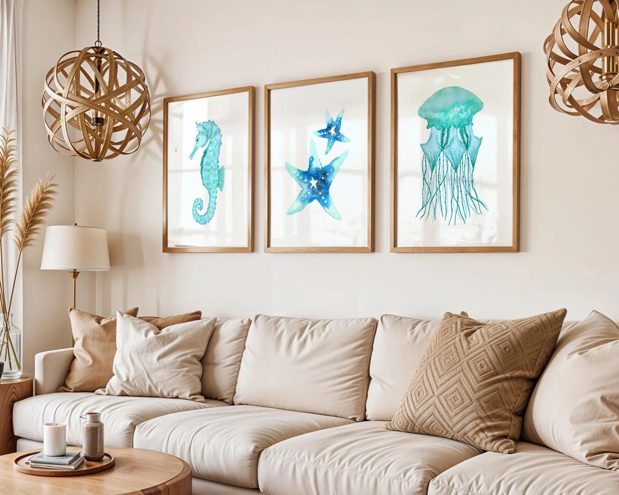 Colourful Prints | Watercolor Sea Creatures Print Set • Coastal Bathroom Decor wall art print, modern home decor, unframed artwork by Nomad & Nest