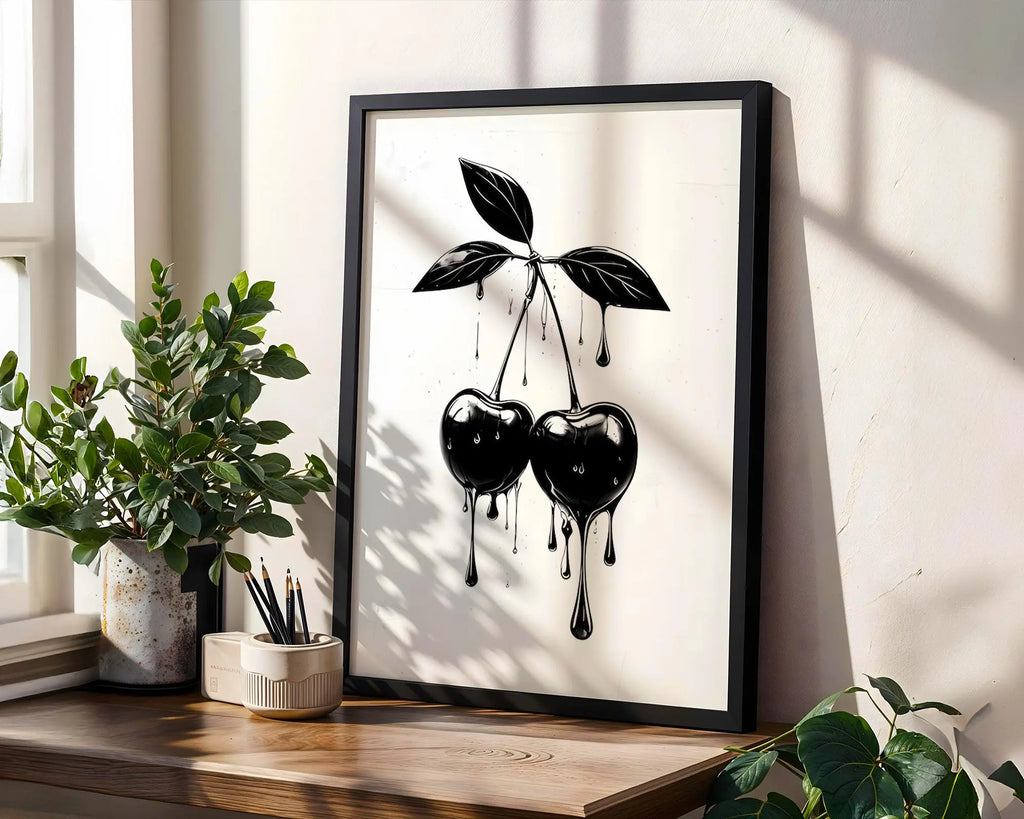 Positive Emotion | Black Dripping Cherries Print – Gothic Monochrome Wall Art wall art print, modern home decor, unframed artwork by Nomad & Nest