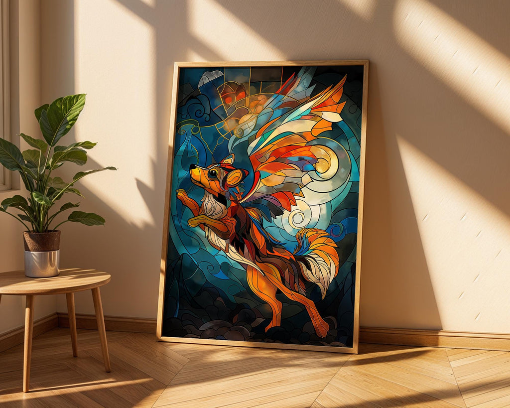 Stained Glass Winged Dog Print | Fantasy Animal Wall Art wall art print, modern home decor, unframed artwork by Nomad & Nest