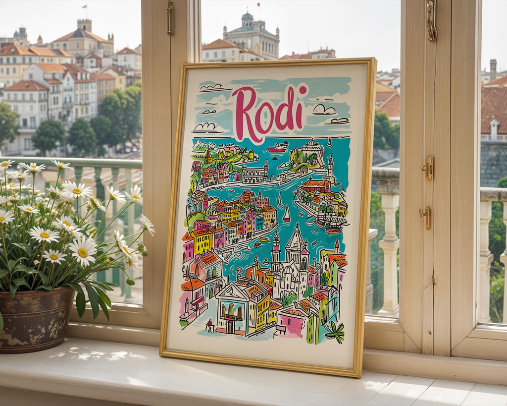 Rhodes Greece Art Print | Colorful Old Town Coastal Decor wall art print, modern home decor, unframed artwork by Nomad & Nest