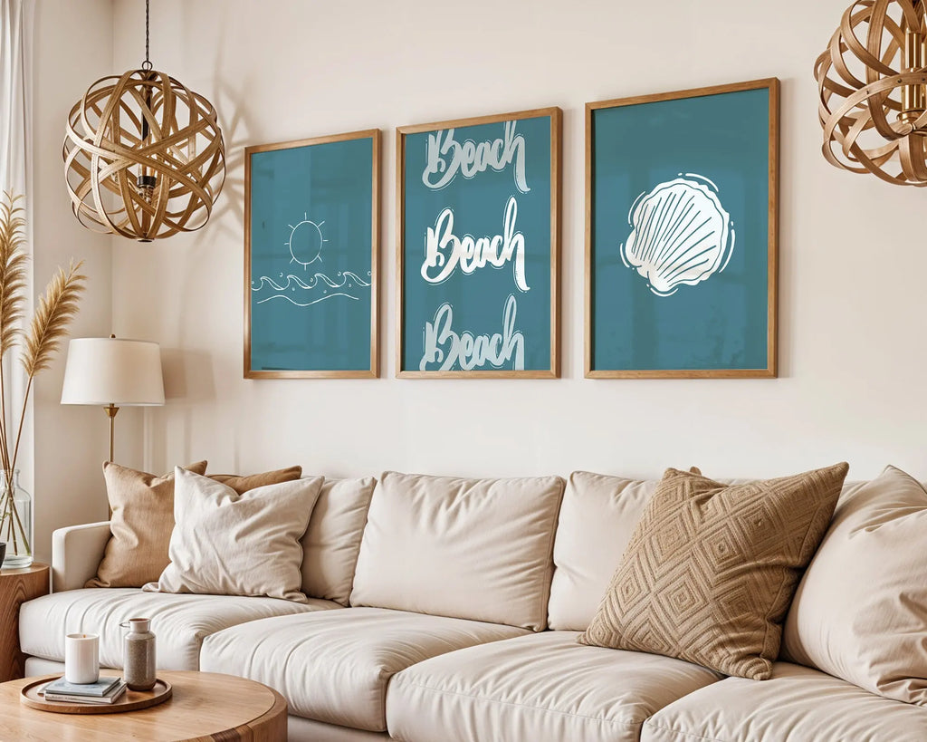 Colourful Prints | Teal Beach Prints Set | Coastal Typography, Shell Art (Set of 3) wall art print, modern home decor, unframed artwork by Nomad & Nest