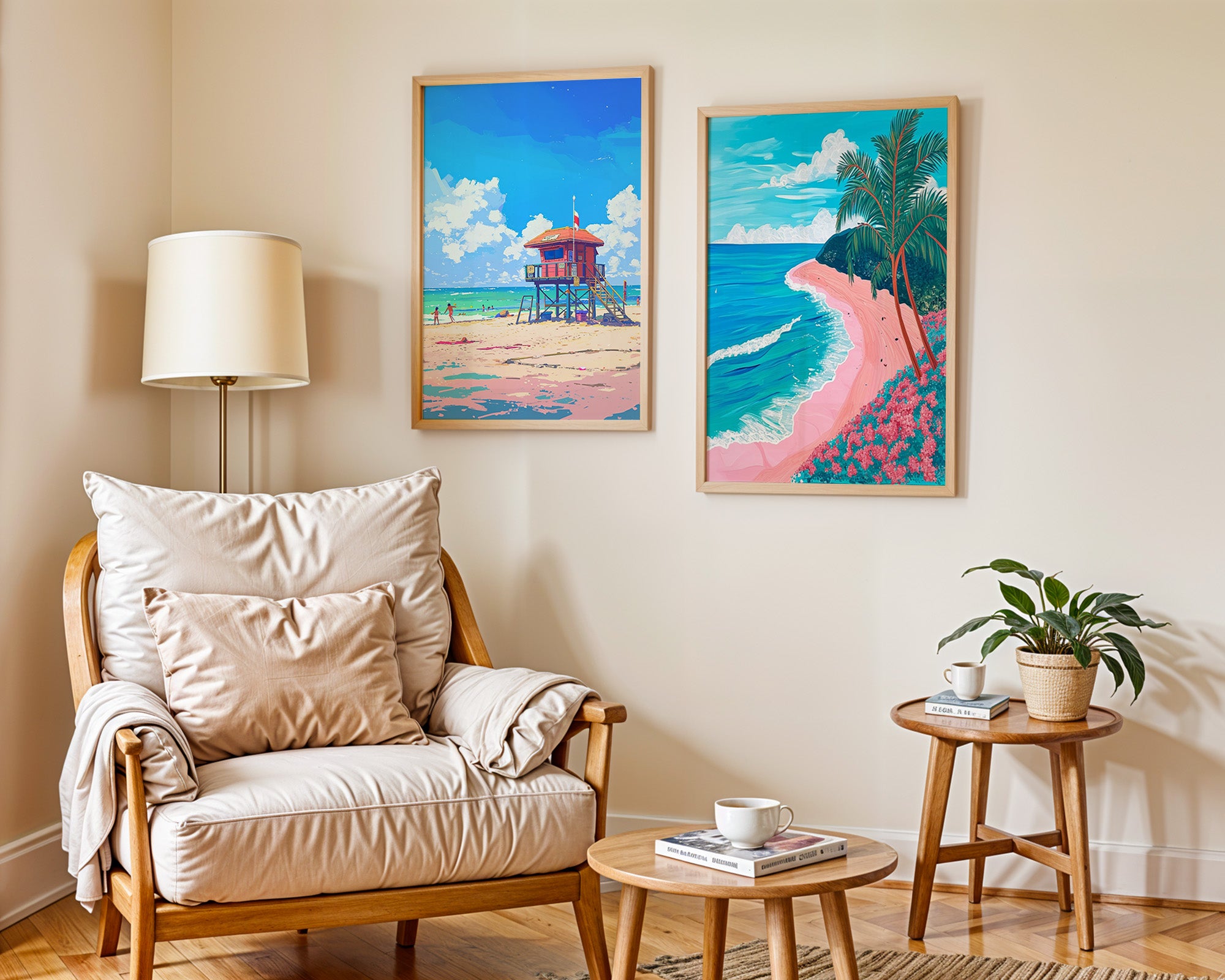 Colourful Prints | Beach Prints Set | Palm Tree & Lifeguard Tower Coastal Art (Set of 2) wall art print, modern home decor, unframed artwork by Nomad & Nest