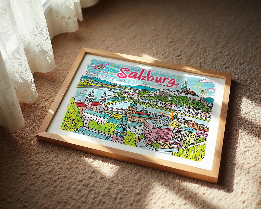 Salzburg Austria Travel Poster | Colorful European Cityscape Art Print wall art print, modern home decor, unframed artwork by Nomad & Nest