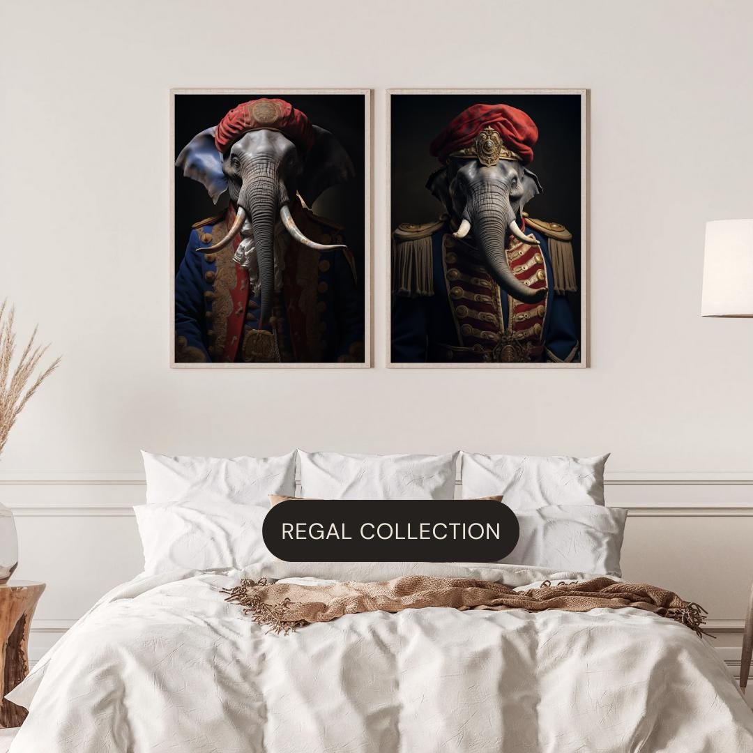 Elephant Portrait Print | Red Turban & Navy Regal Military Outfit, Anthropomorphic Animal Art wall art print, modern home decor, unframed artwork by Nomad & Nest