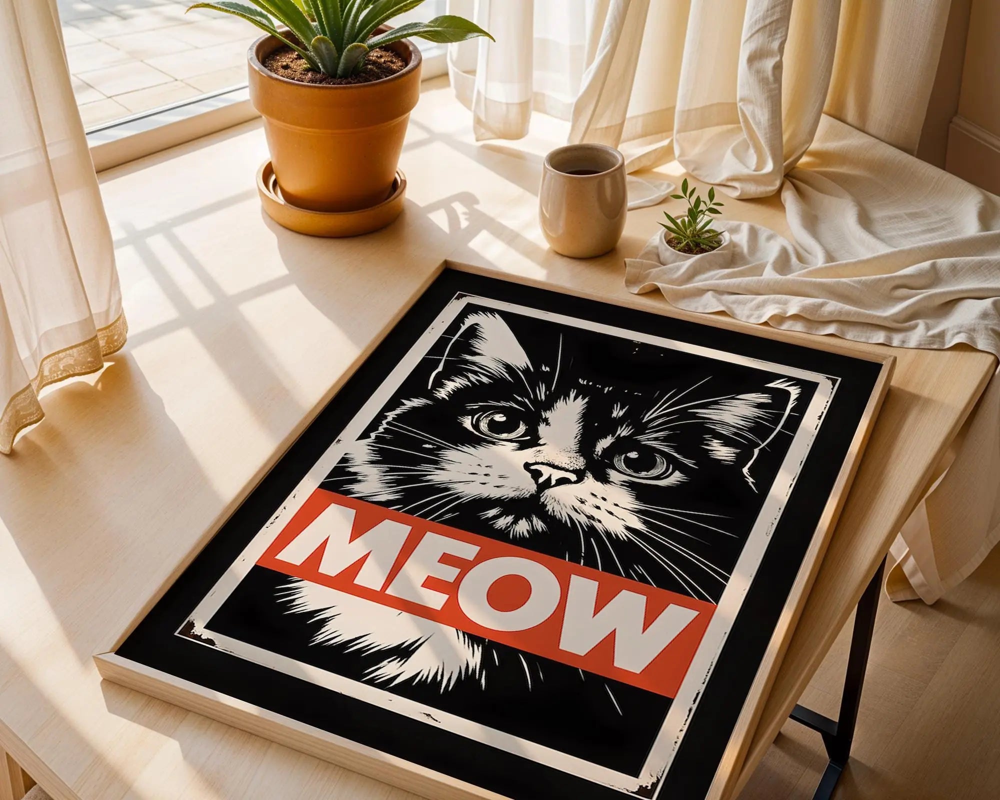Meow Cat Art Print | Vintage Feline Poster, Black and White wall art print, modern home decor, unframed artwork by Nomad & Nest