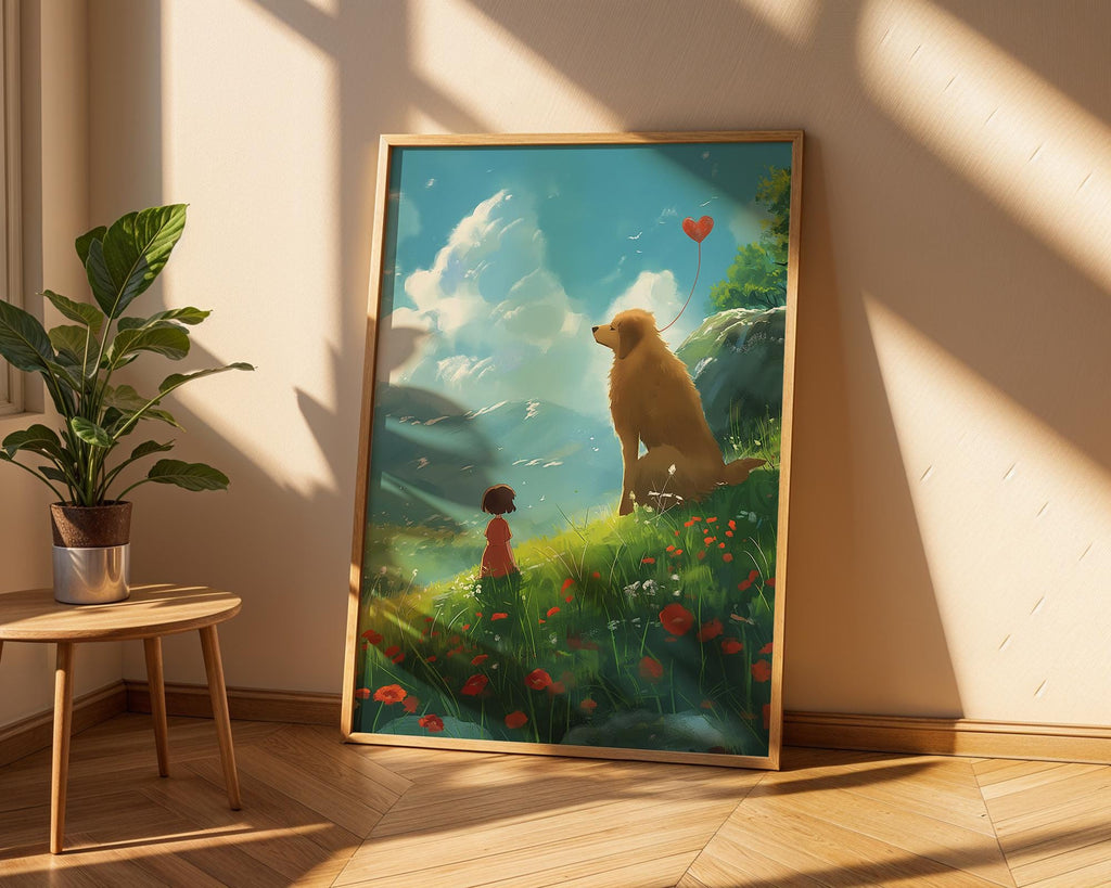 Girl and Dog Meadow Art Print | Whimsical Animal Illustration wall art print, modern home decor, unframed artwork by Nomad & Nest