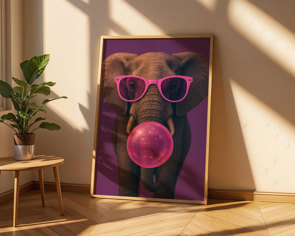 Colourful Prints | Elephant Bubblegum Art Print | Funky Pink Glasses, Pop Art wall art print, modern home decor, unframed artwork by Nomad & Nest