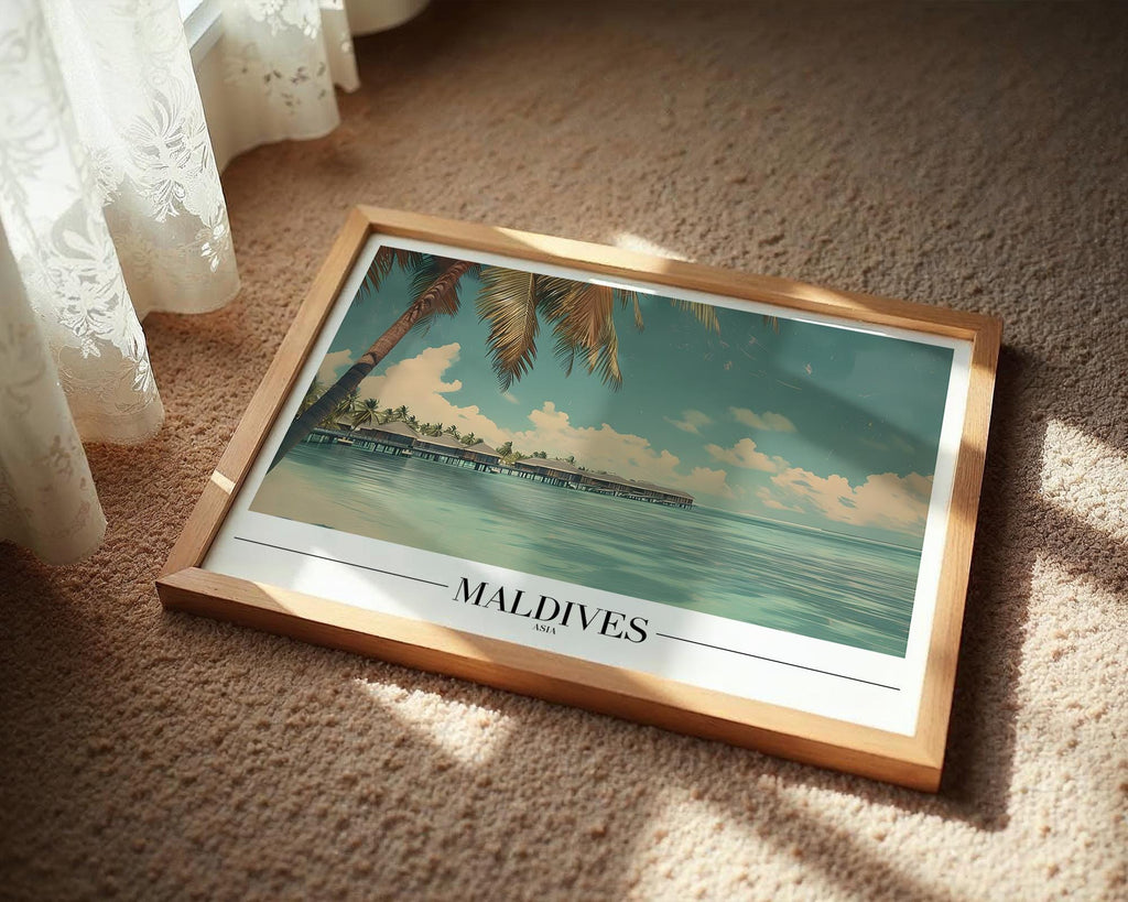 Maldives Paradise Print | Tropical Palm Tree Beach Poster wall art print, modern home decor, unframed artwork by Nomad & Nest