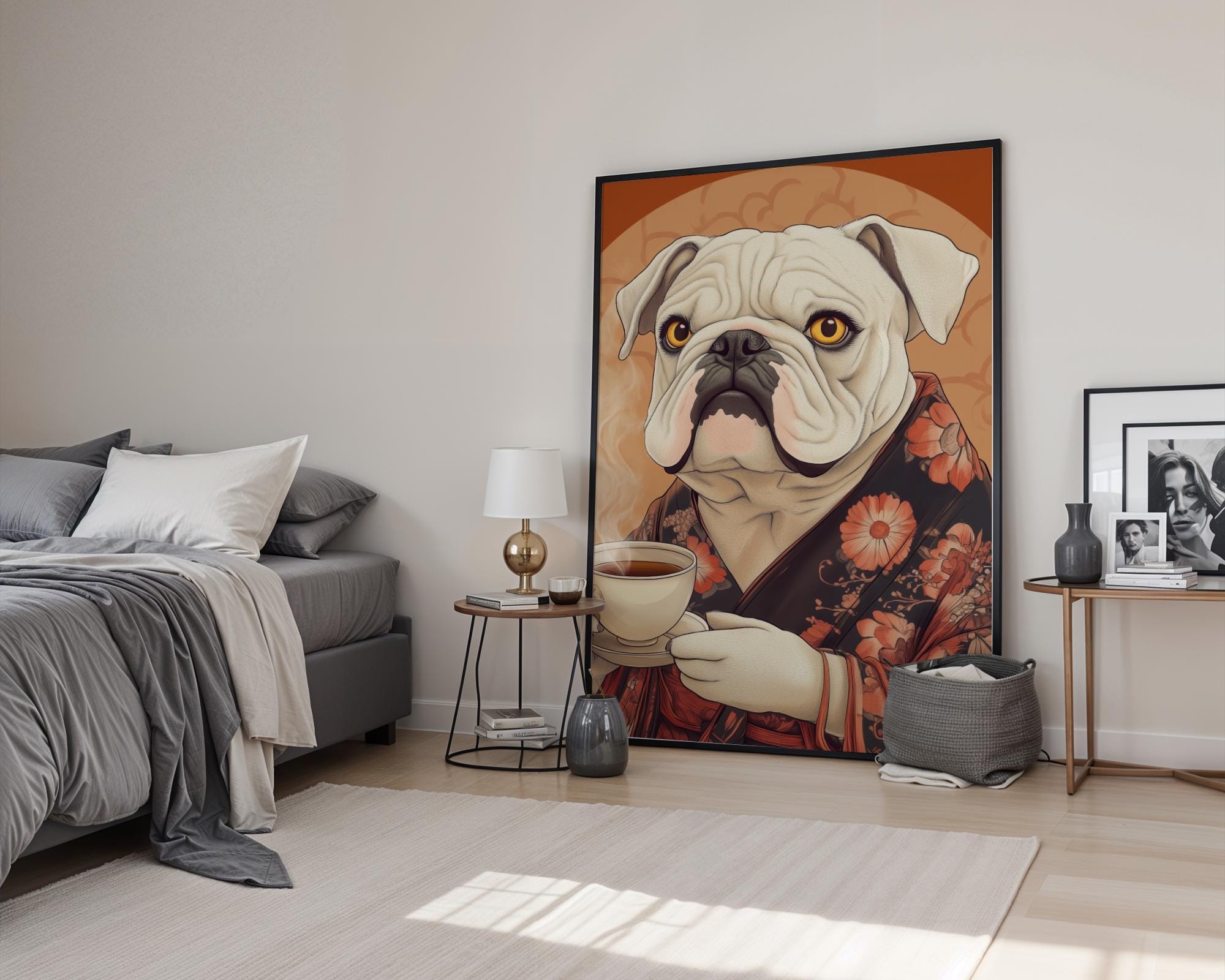 Japanese Poster | Bulldog Kimono Print - Funny Oriental Dog Wall Art wall art print, modern home decor, unframed artwork by Nomad & Nest